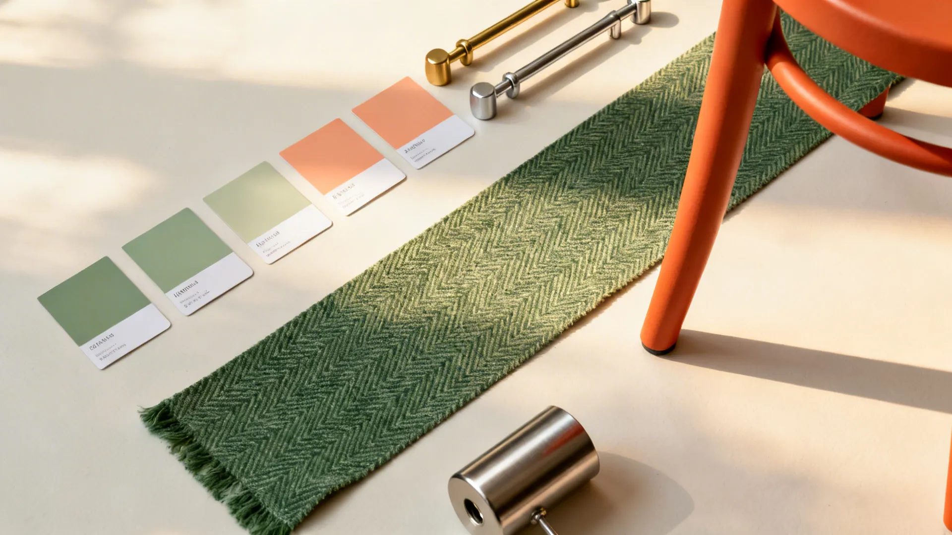 Top-down kit with paint swatches, hardware, fabric, and a pendant socket in citrus tones.