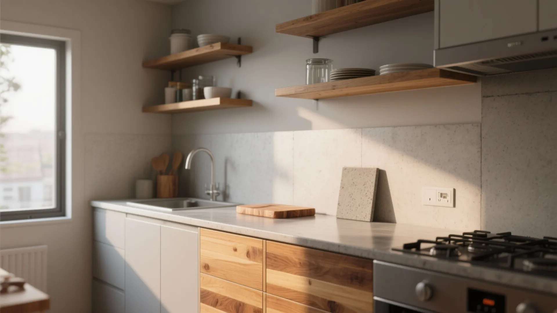 Modern kitchen featuring white countertops wooden cabinets open wall shelves sink and bright natural window