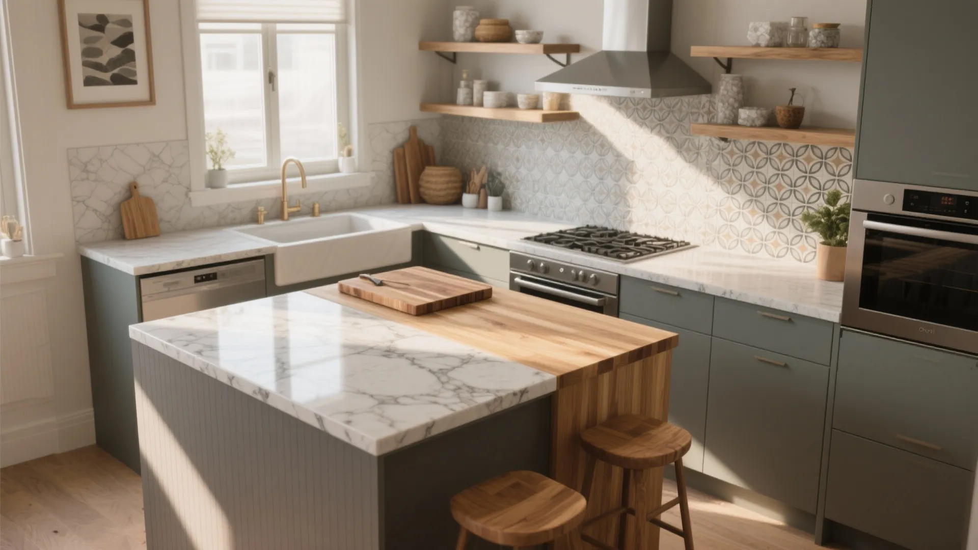 Modern green kitchen design with marble island, wooden stools, open shelves, and patterned wall tiles