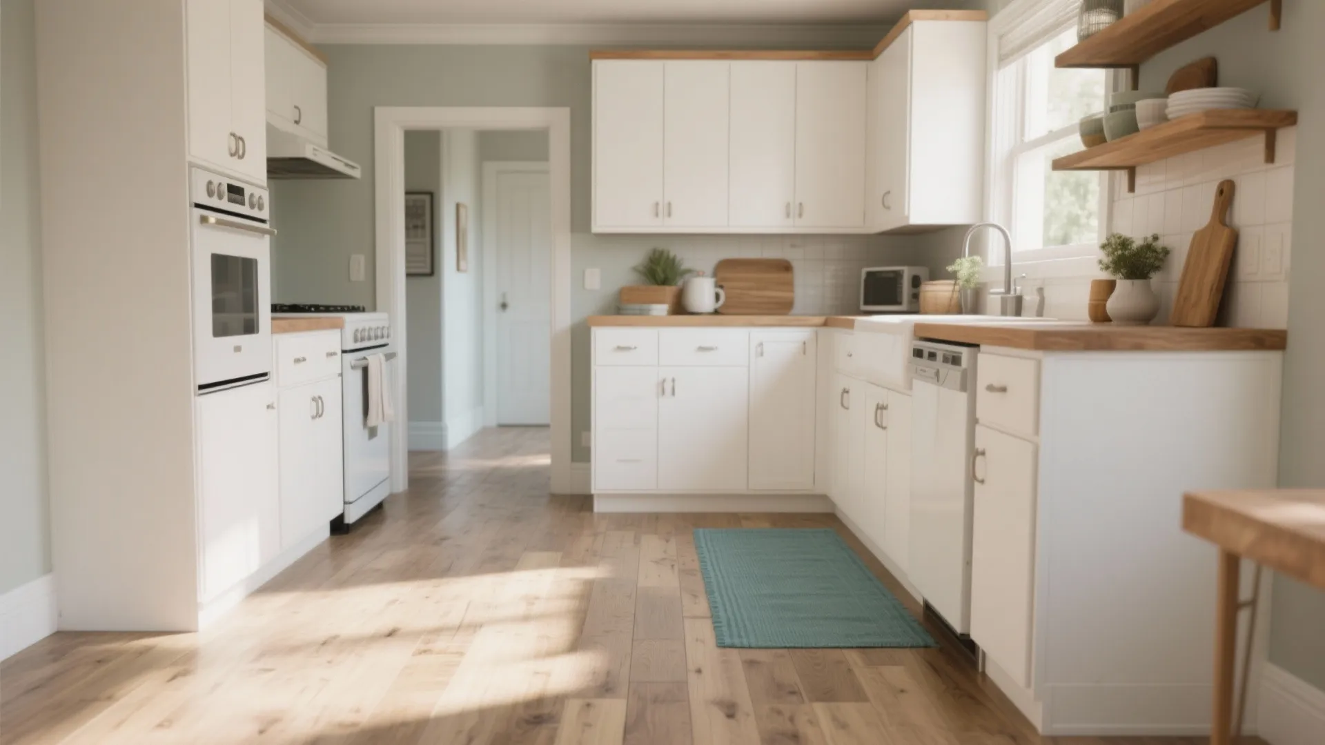 Modern bright kitchen interior with white cabinets wooden countertops light green walls and wood flooring