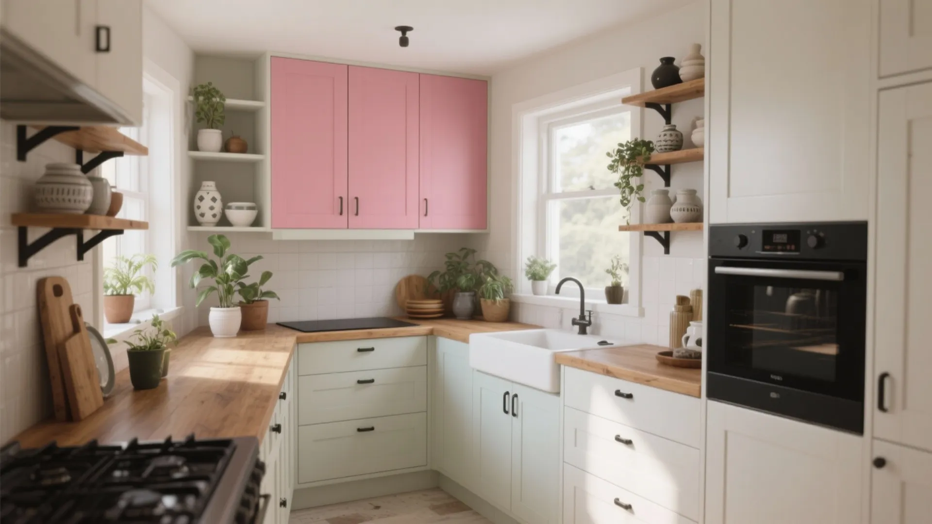 Small kitchen featuring pink wall cabinets wood countertops white sink and various green potted plants