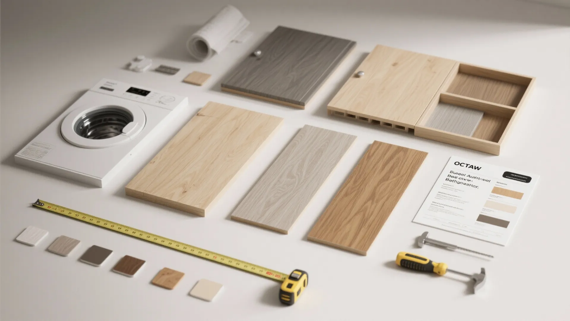 Cabinet materials with washing machine model tape measure and tools for a budget laundry project