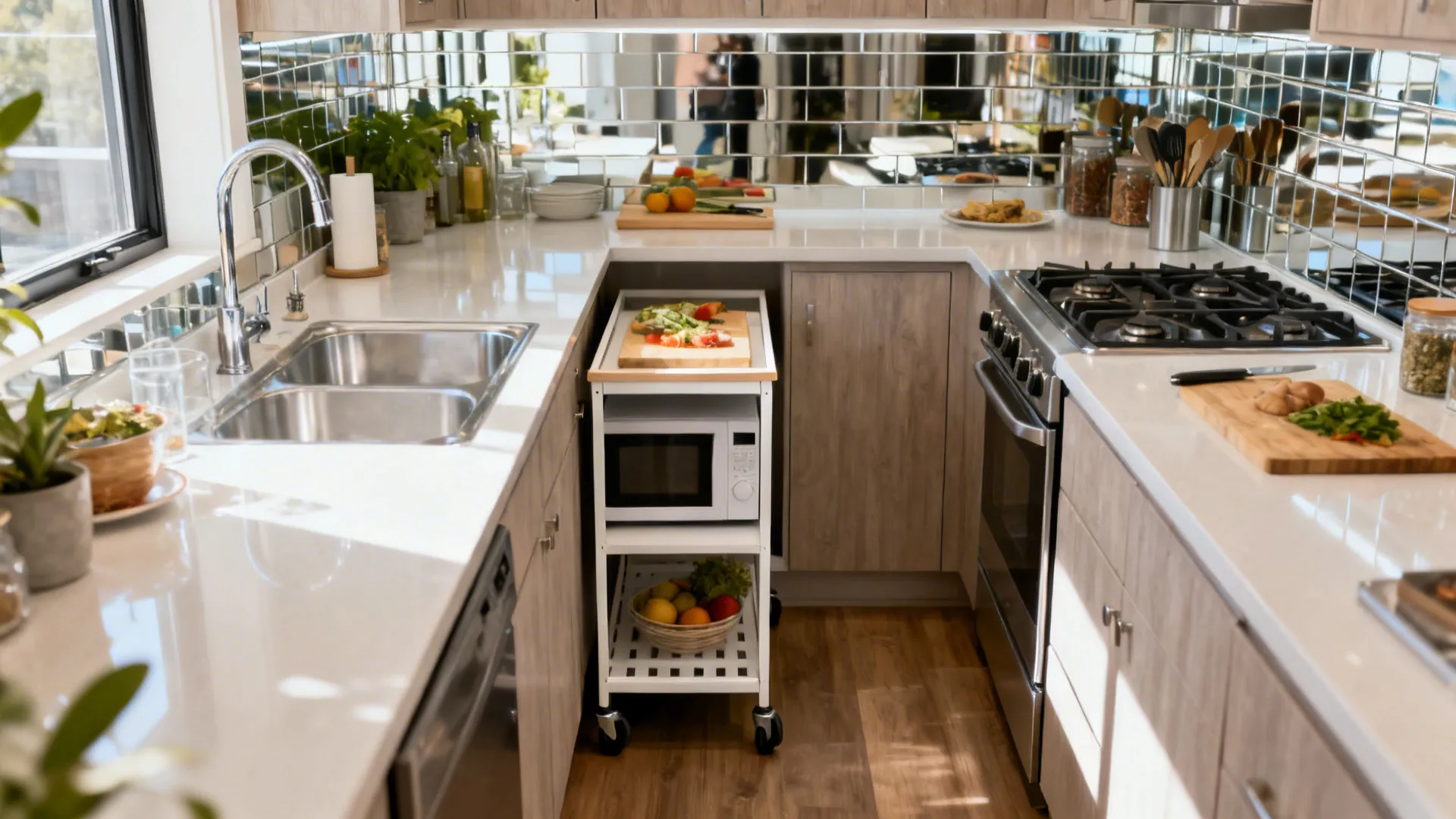 Small galley kitchen with wood cabinets white countertops mirrored backsplash and white microwave on cart