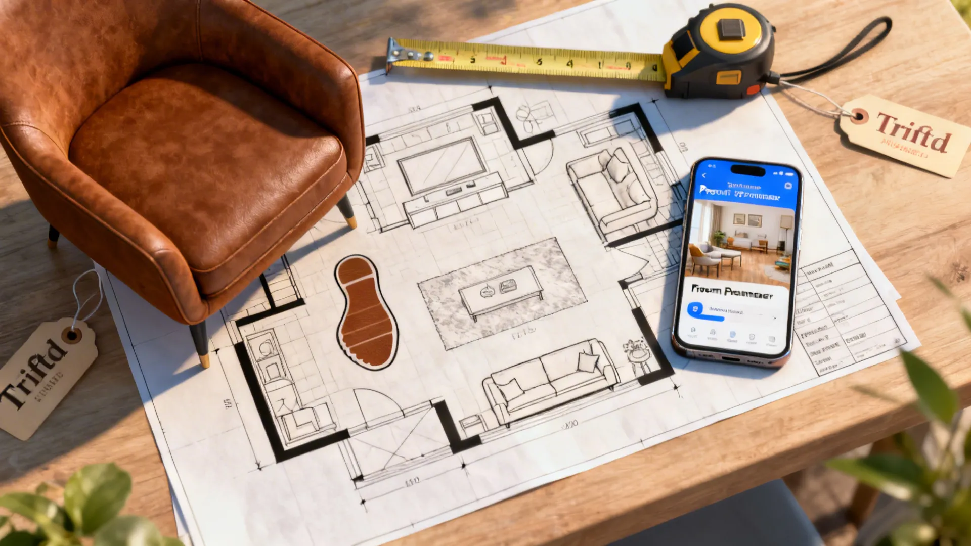 Top-down layout planning with chair footprint, measuring tape and room-planner app