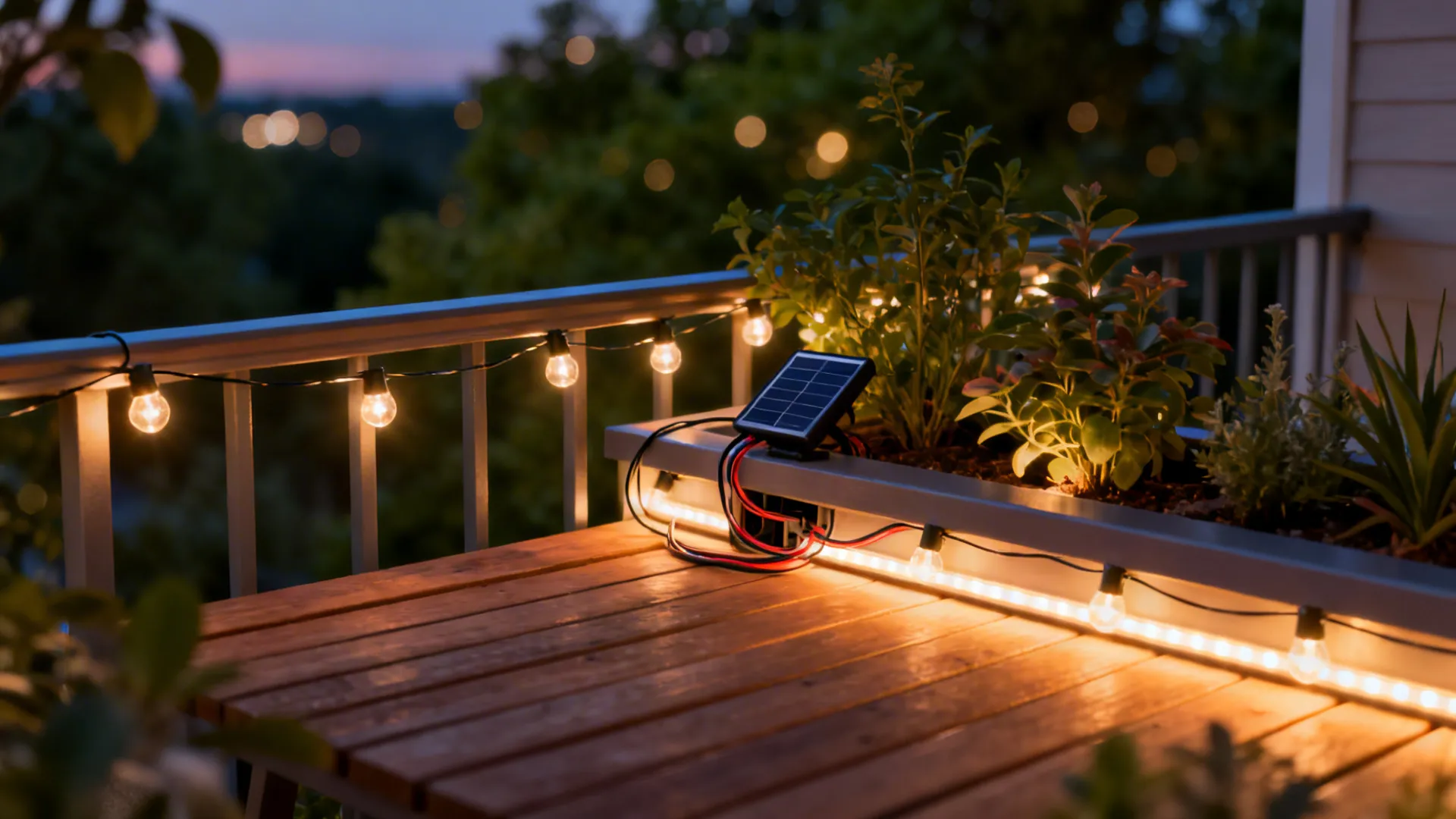 Close-up of warm solar string lights and an under-rail LED strip illuminating balcony plants at dusk.