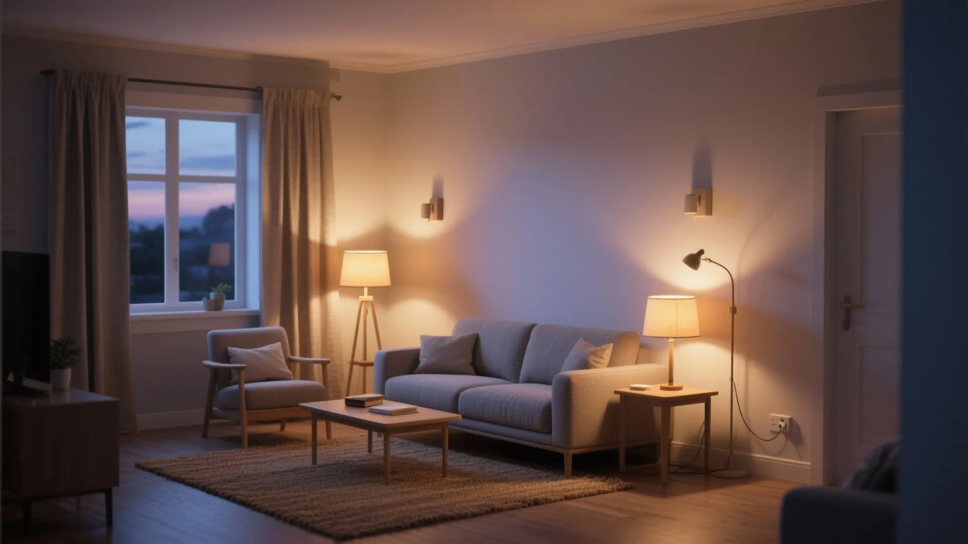 Small living room with layered warm lighting from lamps and a task light creating cozy zones.