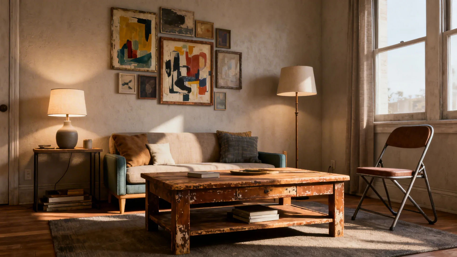 Budget-friendly living room styled with secondhand furniture, layered lighting, and multifunctional pieces