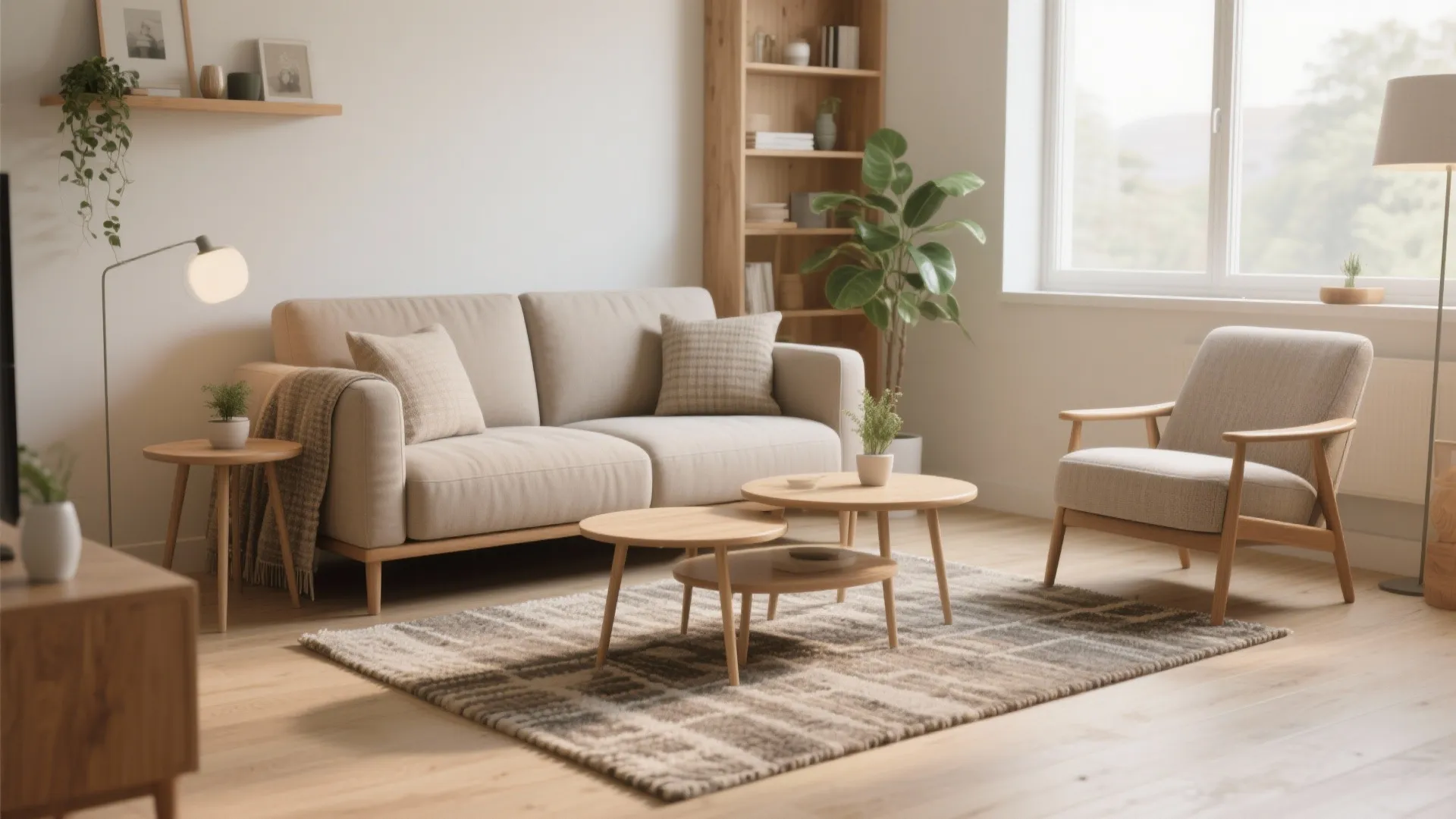 Modern living room with beige sofa wood coffee tables grey rug arm chair and natural light