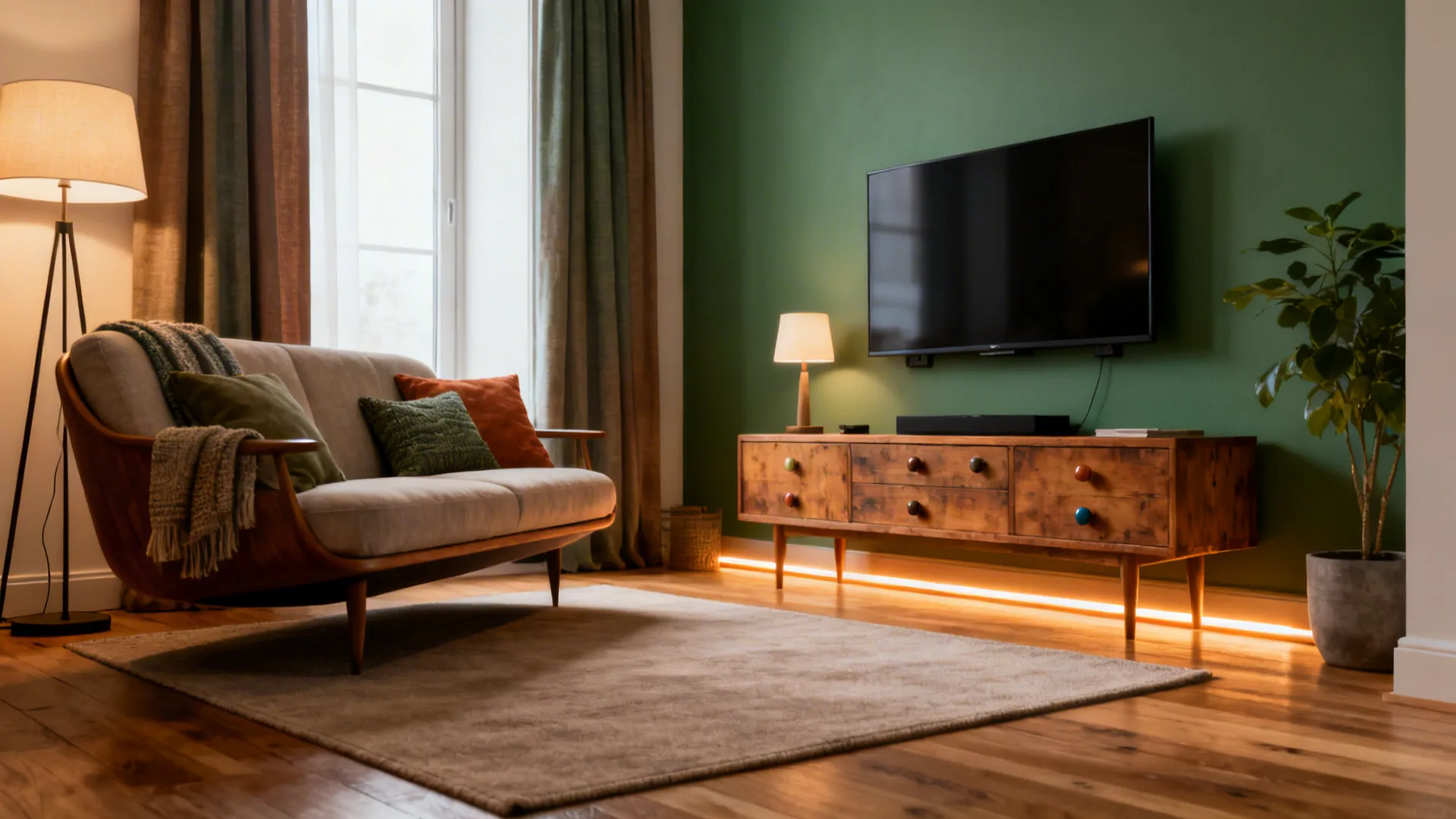 Cozy living room with green wall, wooden cabinet, television, beige sofa, floor lamp, and soft rug