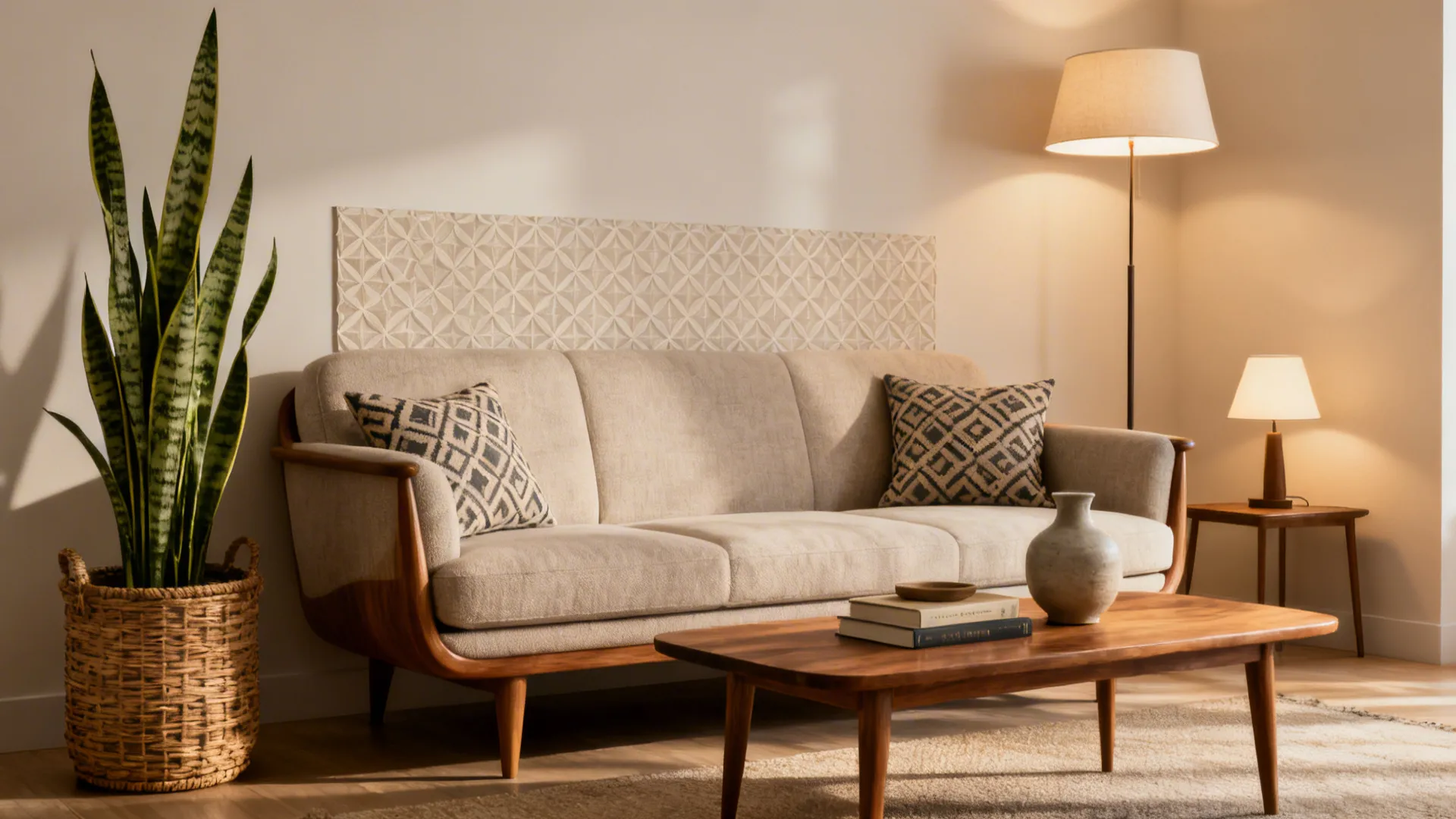 Beige sofa with wooden coffee table tall plant in basket and floor light living room design