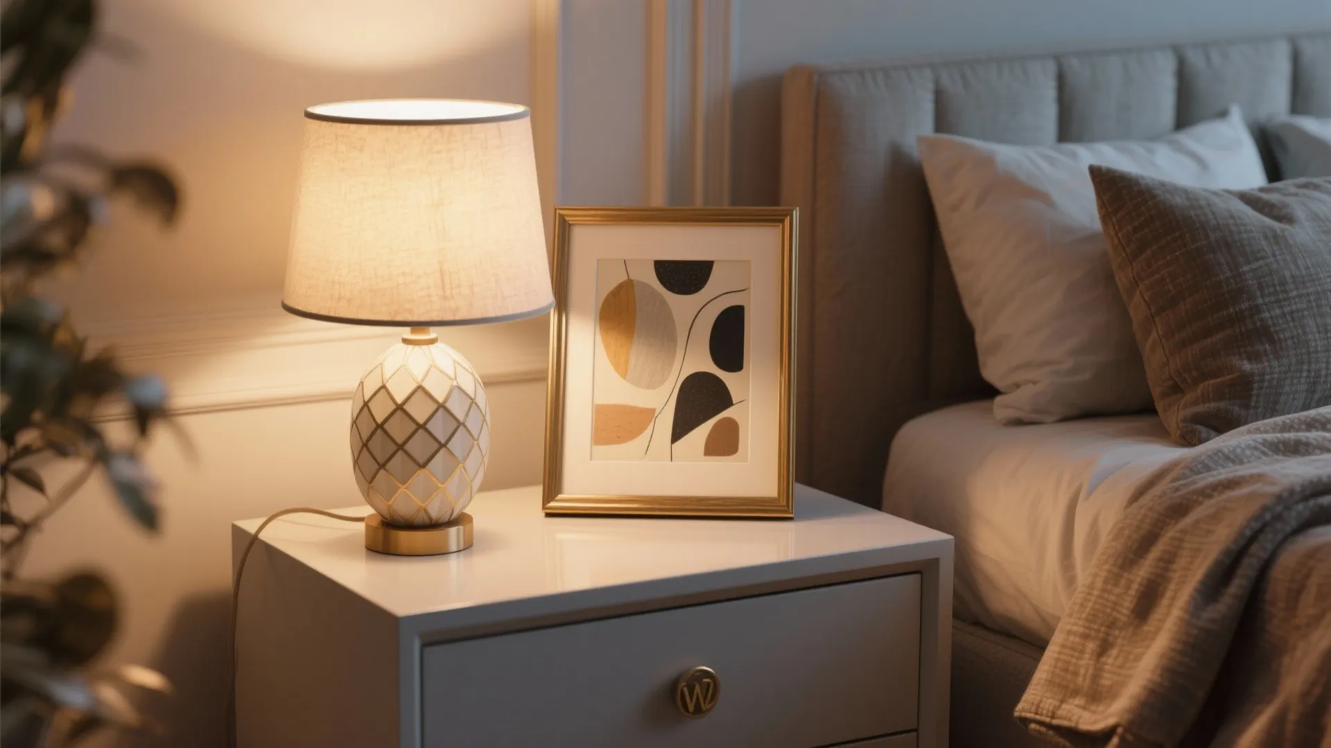 Bedside table vignette with inexpensive lamp and art illustrating budget-friendly luxury upgrades.