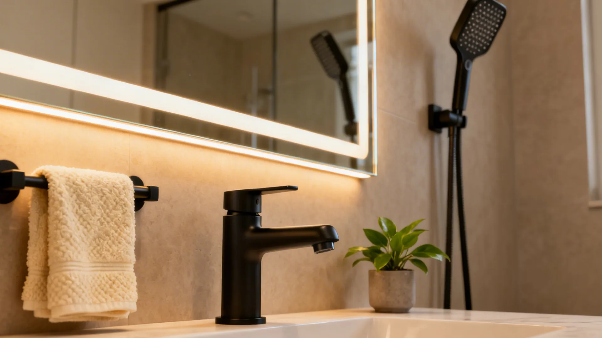 Close-up of budget-friendly luxury upgrades: mirror, matte black fixtures and LED lighting.