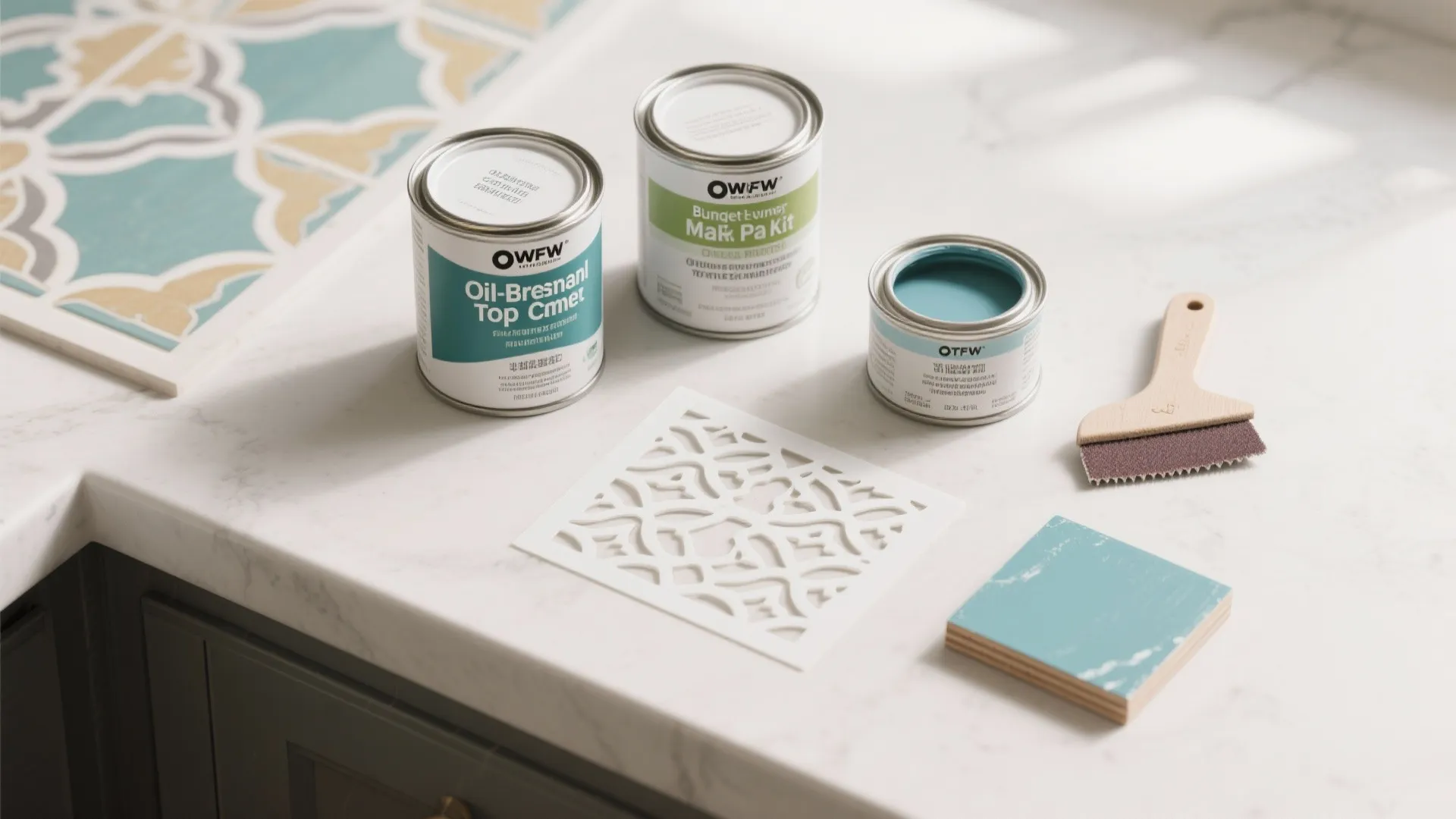 Paint cans stencil and brush on a white marble countertop in a bright kitchen setting