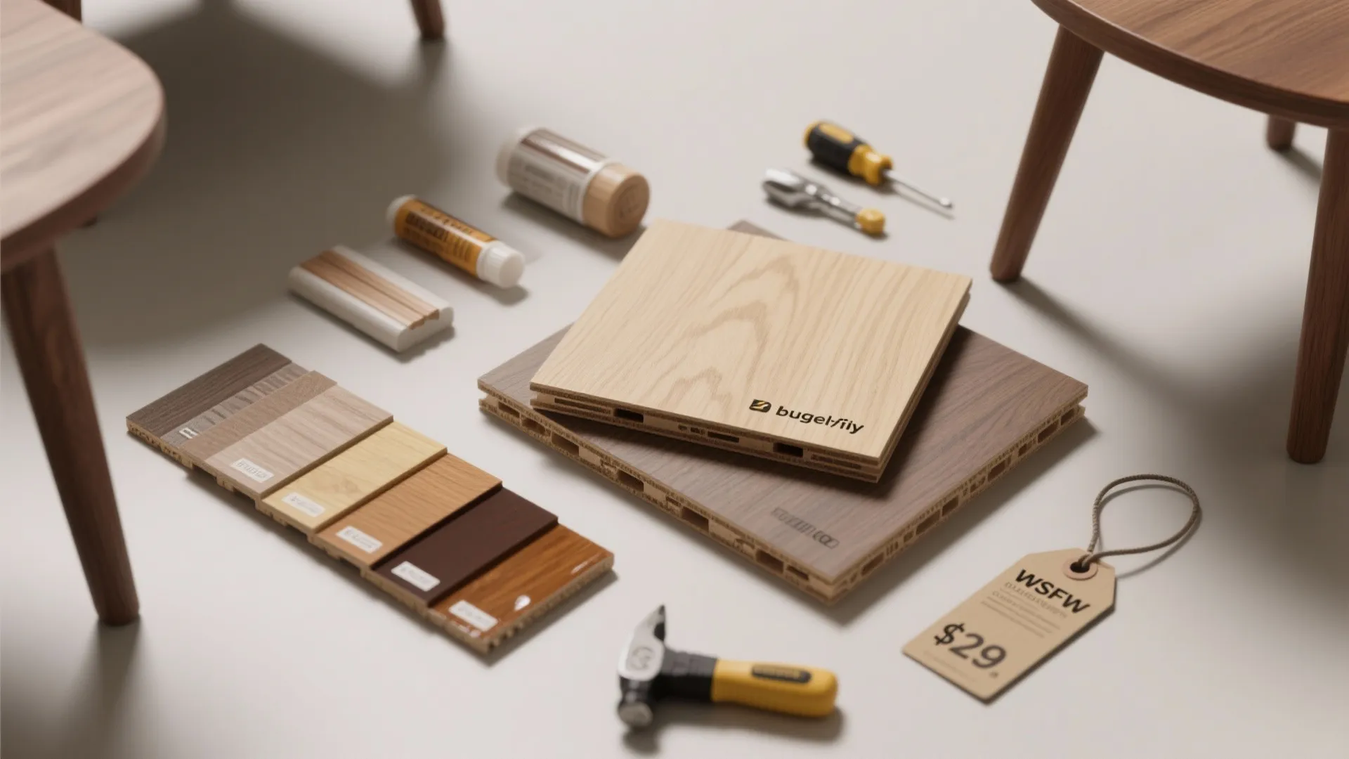 Collection of wood floor samples with tools and price tag for home interior renovation budget