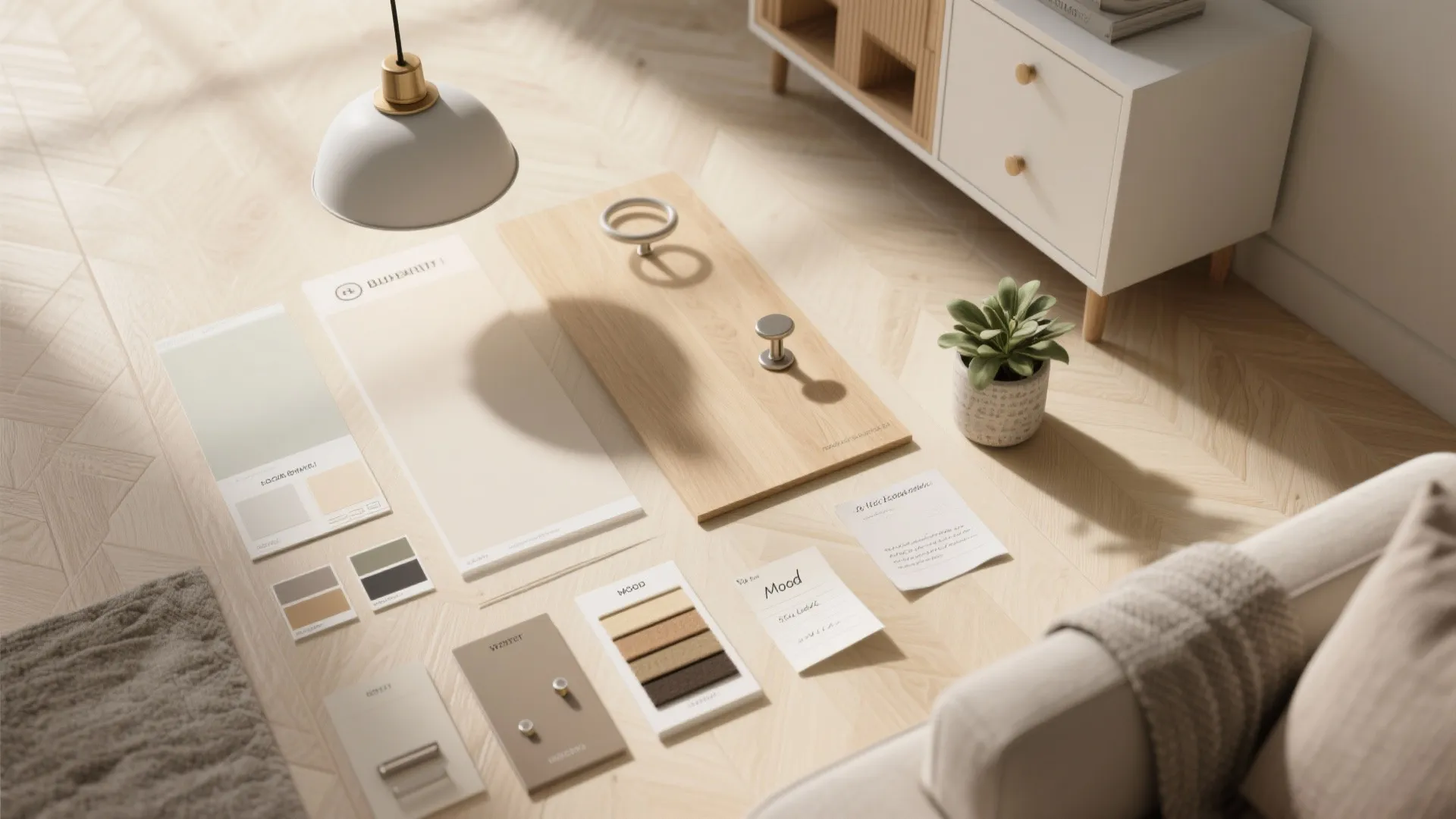 Flatlay of paint chips, fabric swatches and hardware for budget-friendly 3-bedroom updates.