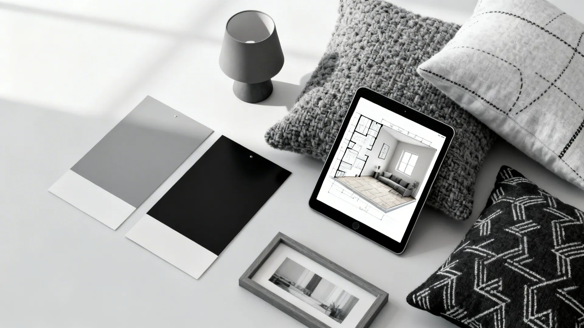 Flatlay of paint swatches, fabric samples and a tablet with a room planner for a monochrome refresh