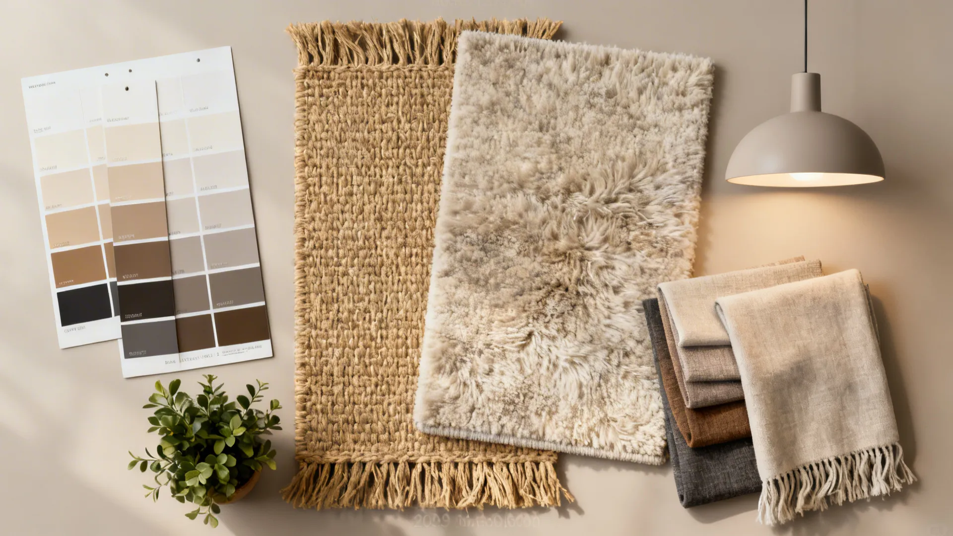 Flatlay of affordable materials: paint swatches, rug samples, lamp and textiles for a small living room refresh.