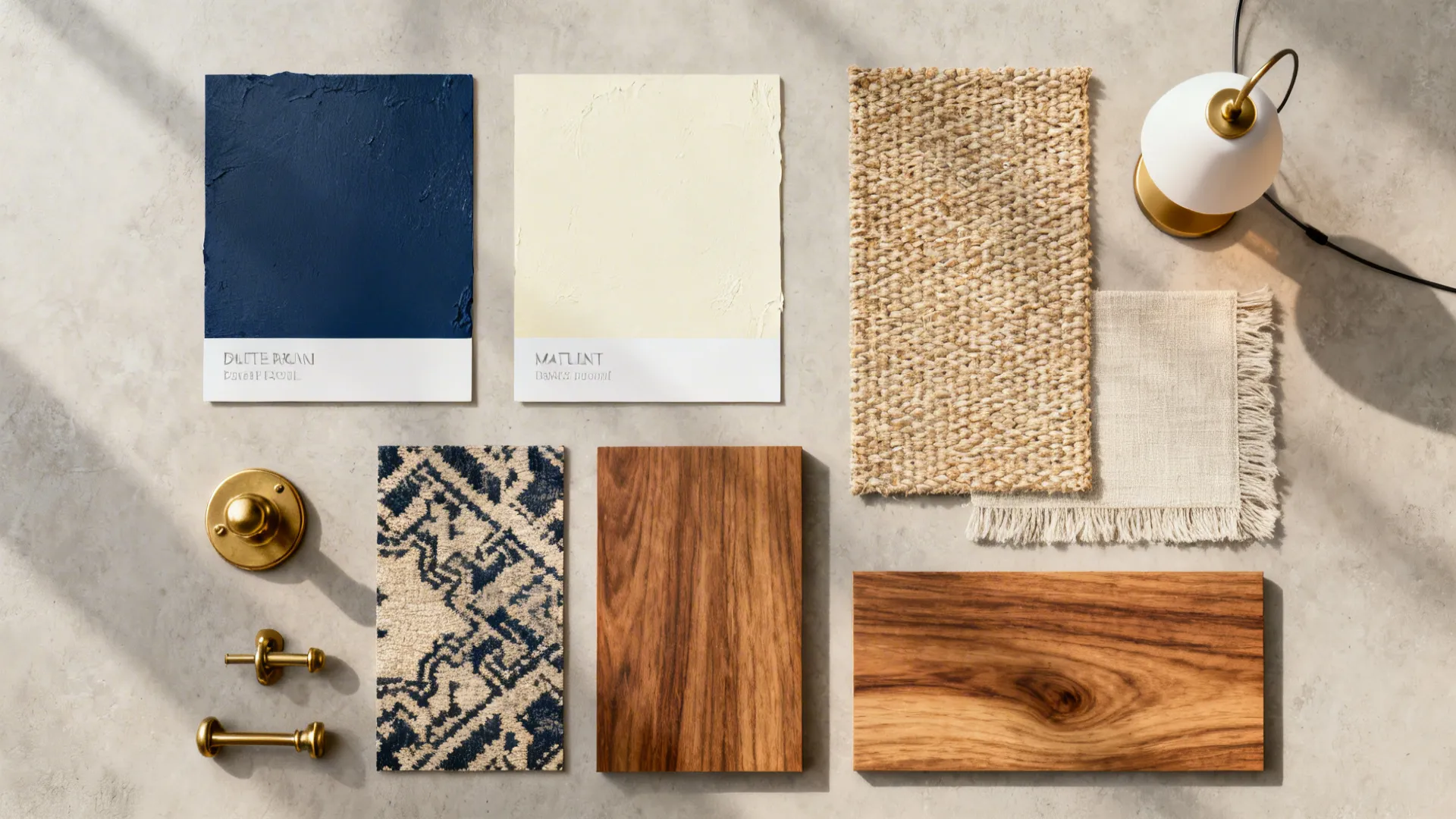 Flatlay of paint chips, fabric swatches, rug sample and hardware for budget dining design planning.