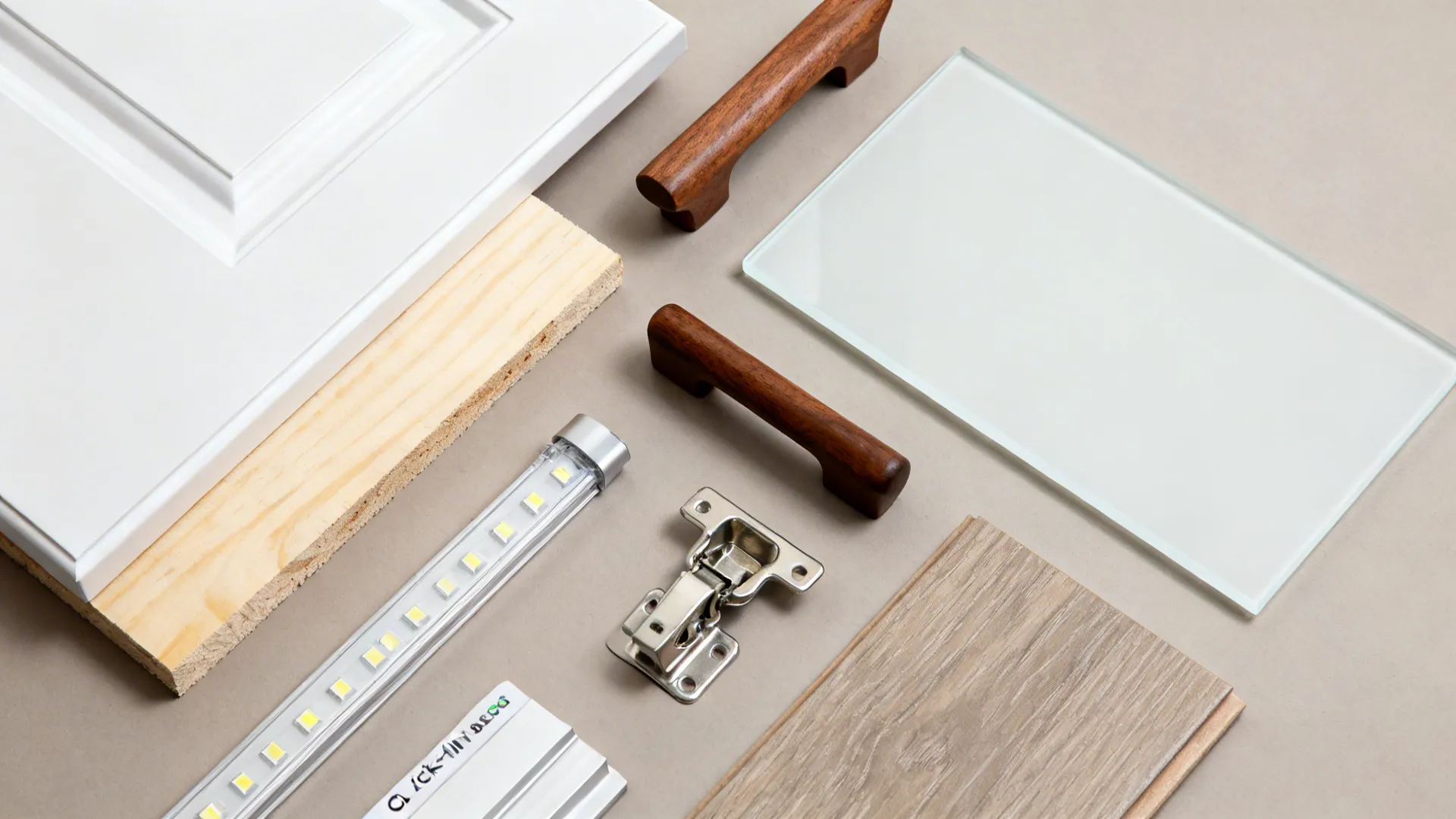Top-down flat lay of matte white front, birch plywood, walnut pull, glass sample, hinge, LED strip, and vinyl plank.