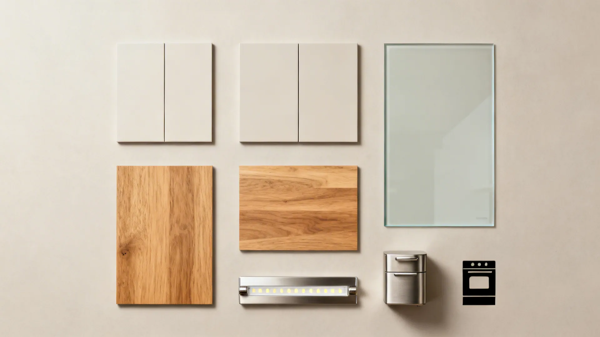 Flat lay of matte door sample, wood-look countertop, glass swatch, hardware, and LED strip for an L-kitchen.