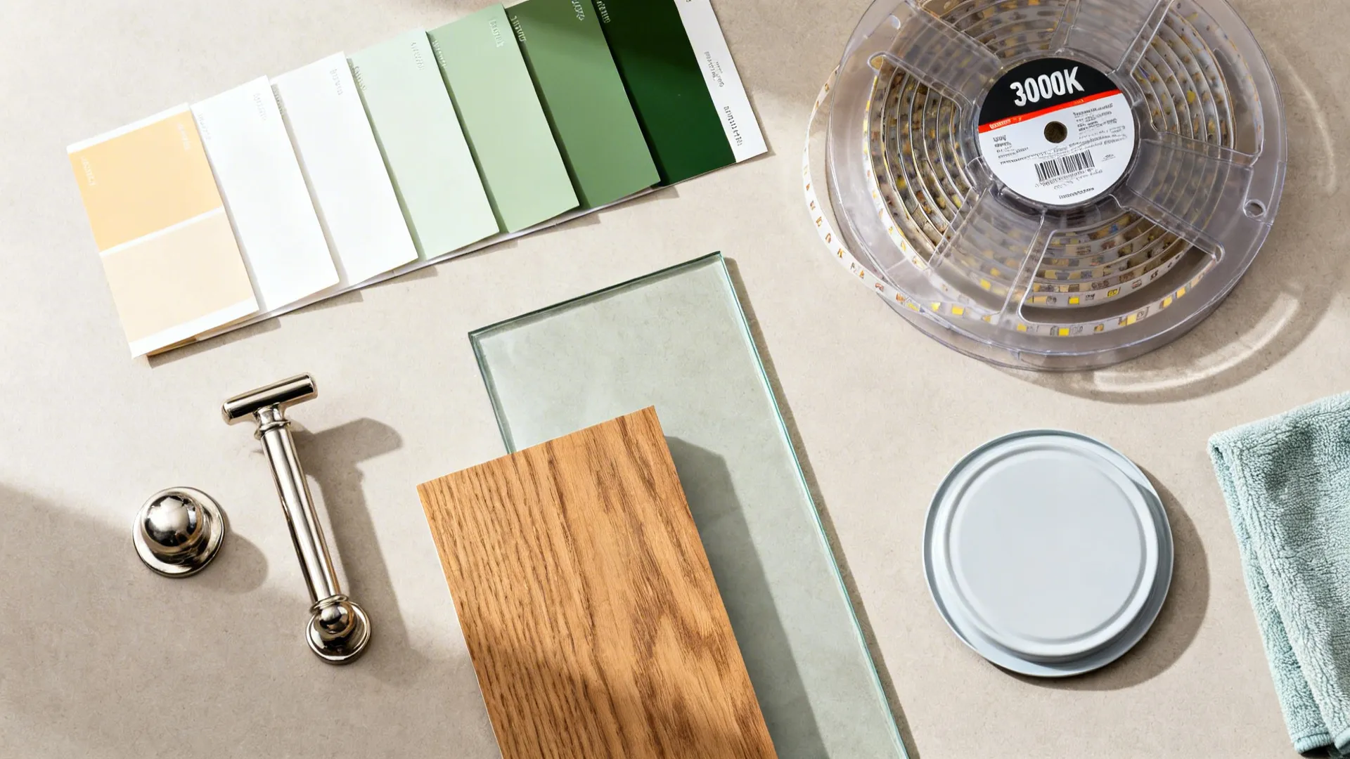 Flat lay of budget kitchen materials: paint swatches, hardware, oak, glass, LED strip.