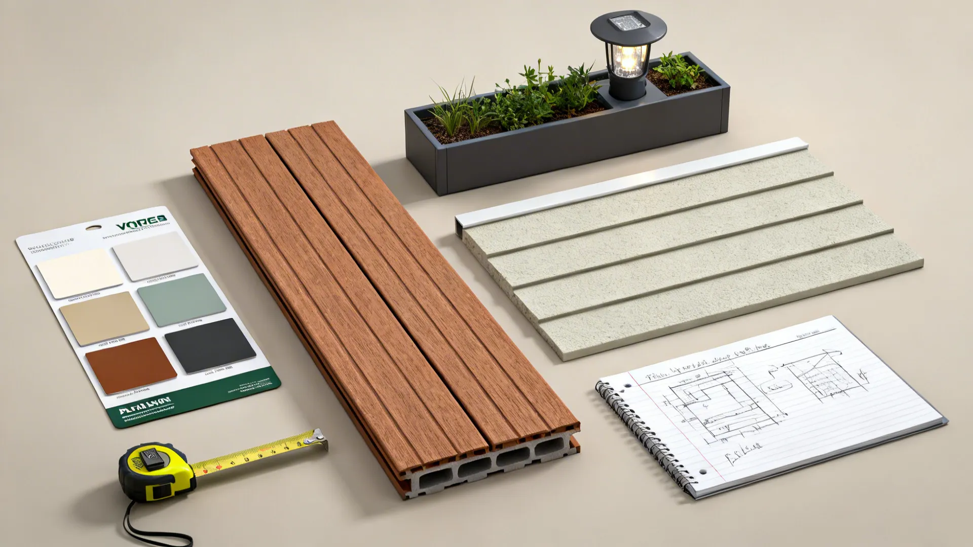 Flatlay of affordable exterior materials and samples for a mobile home remodel.