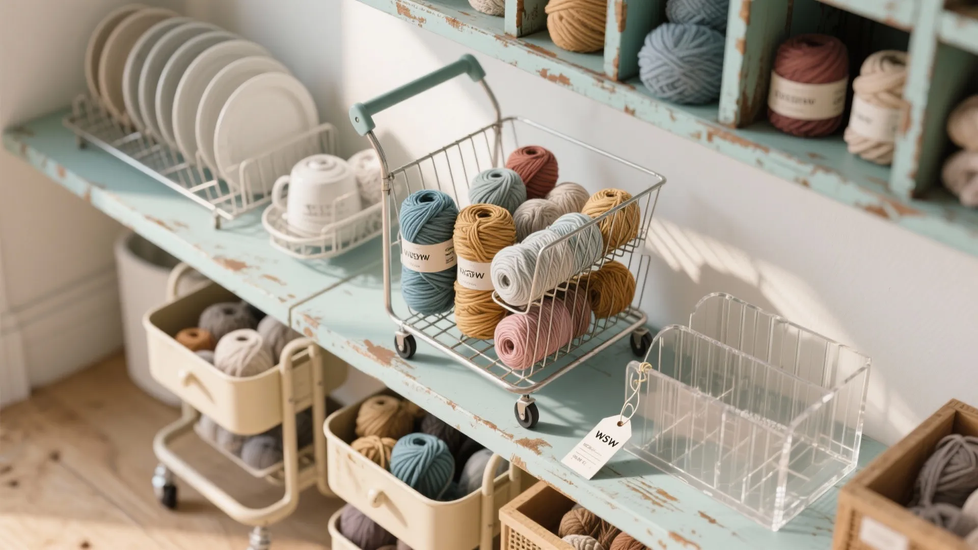 Colorful yarn balls in metal basket on blue shelf with white plates and storage bins