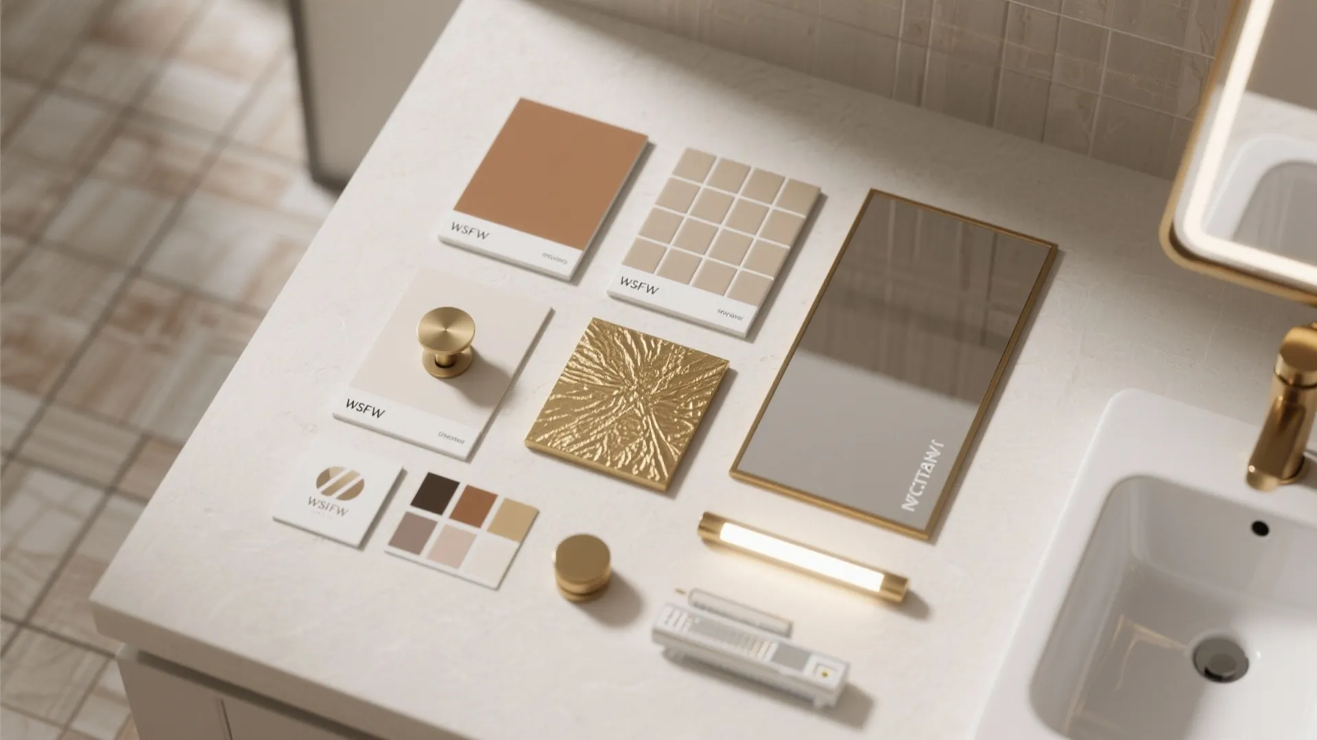 Flatlay moodboard of floor and wall tile swatches, brass hardware sample and paint chips for a small bathroom.