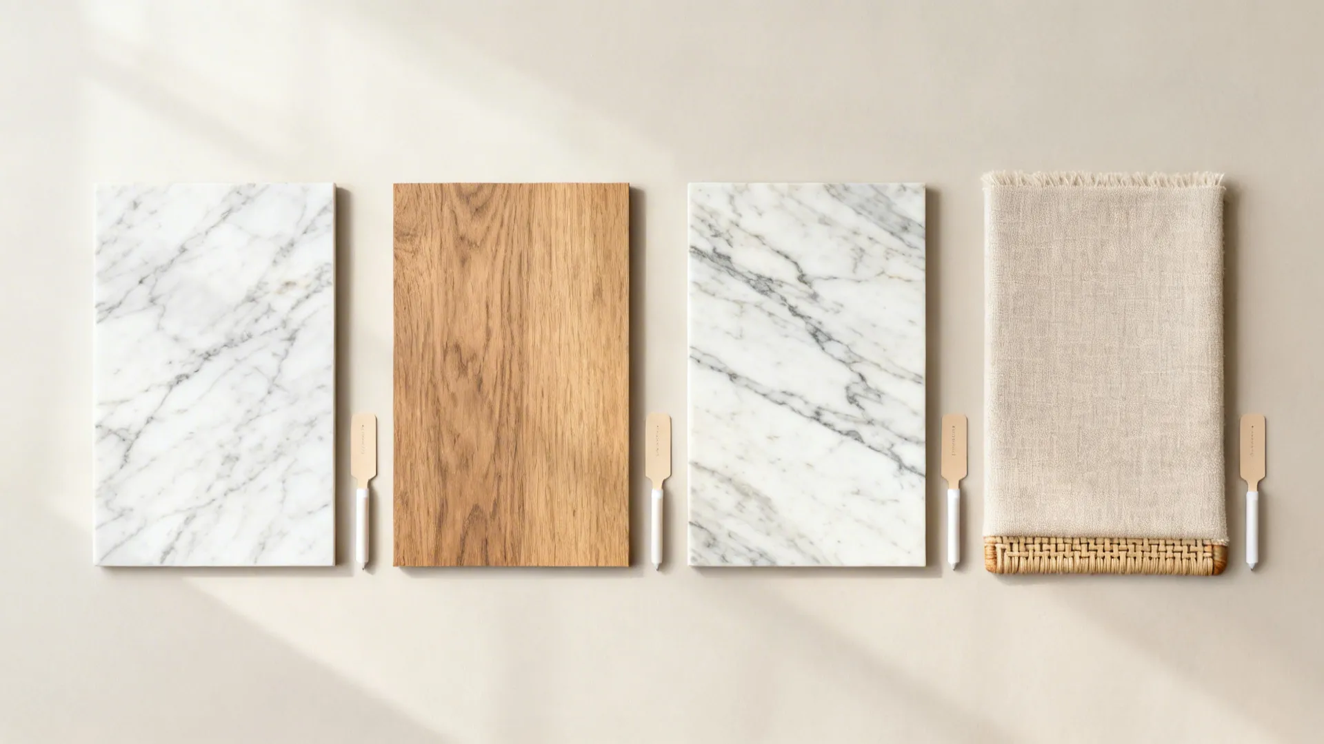 Flatlay of faux marble, oak, real marble, and caning with upholstery swatches.