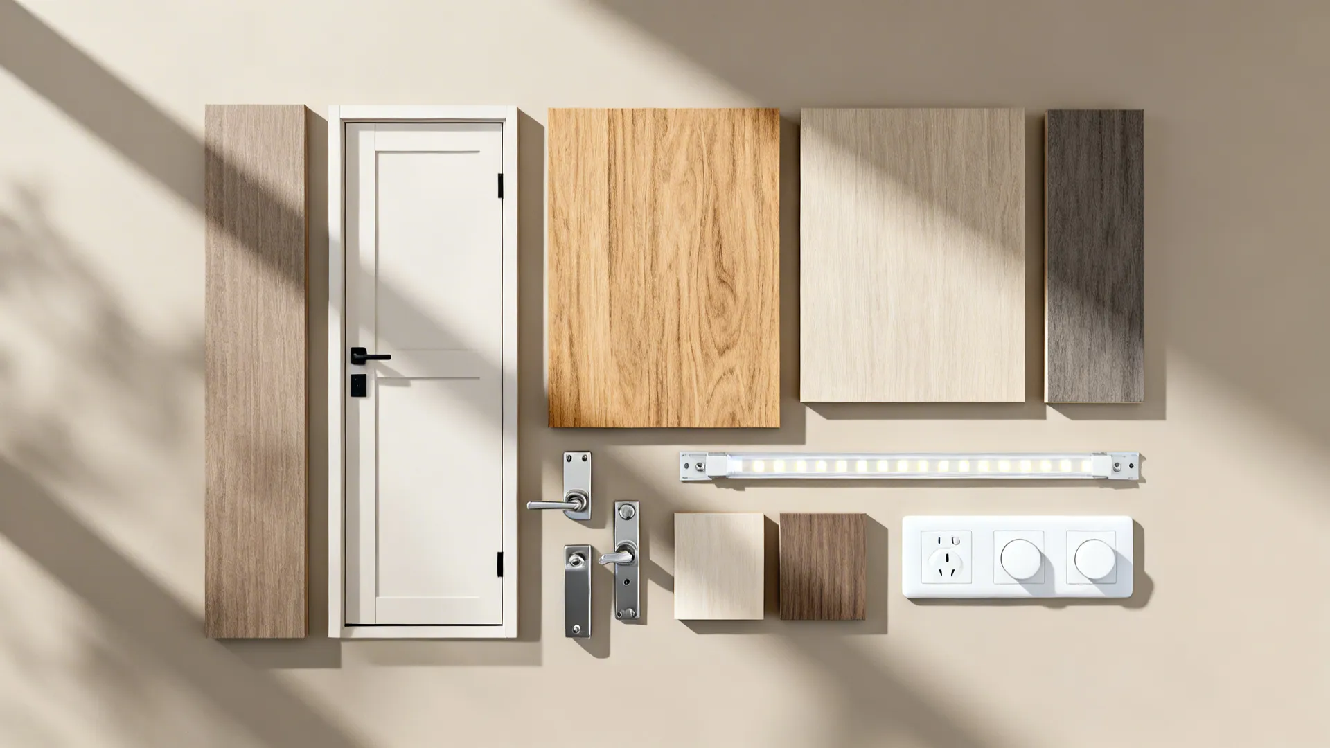 Flat lay comparing laminate and veneer samples with door hardware and LED dimmers.