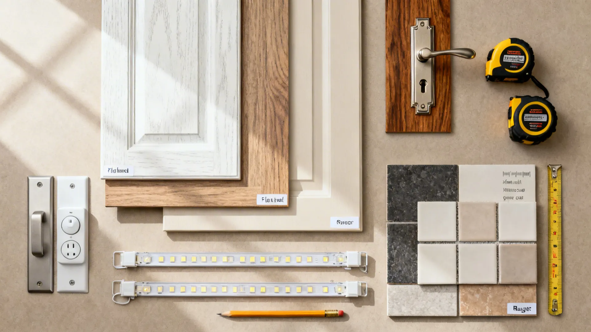 Collection of home renovation materials like wood panels, door handle, tape measure, tiles, and lights