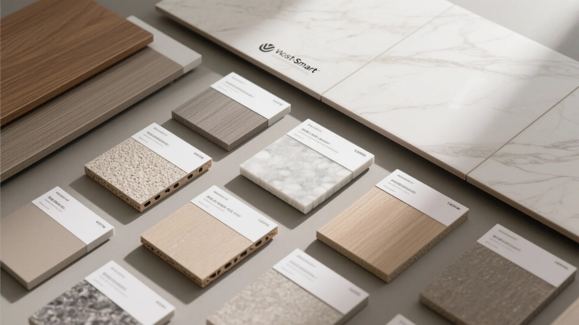 Various interior design material samples including wood tiles and stone arranged on a flat surface
