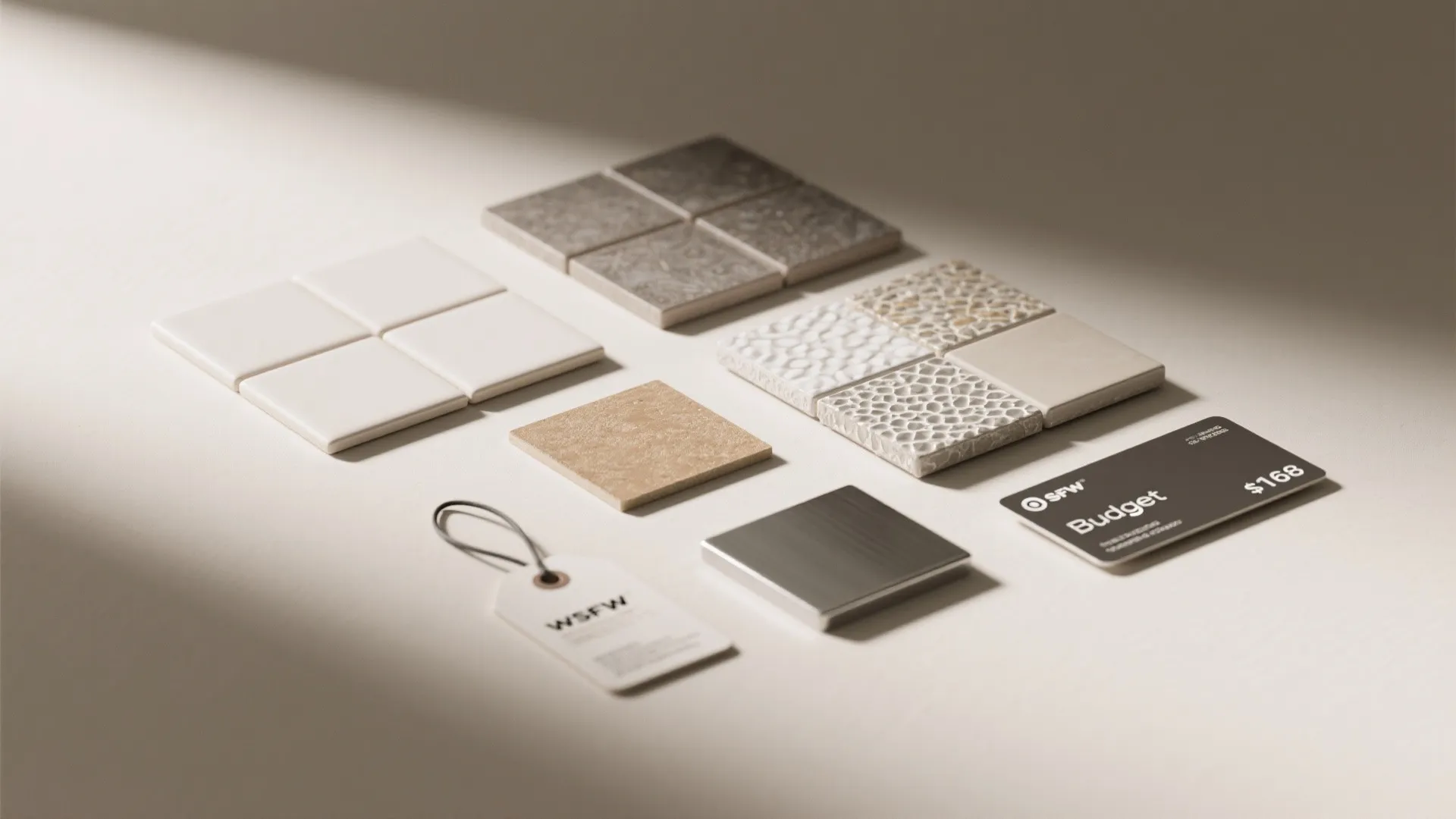 Flatlay of sink material swatches, finish samples and price tags for budget decisions.
