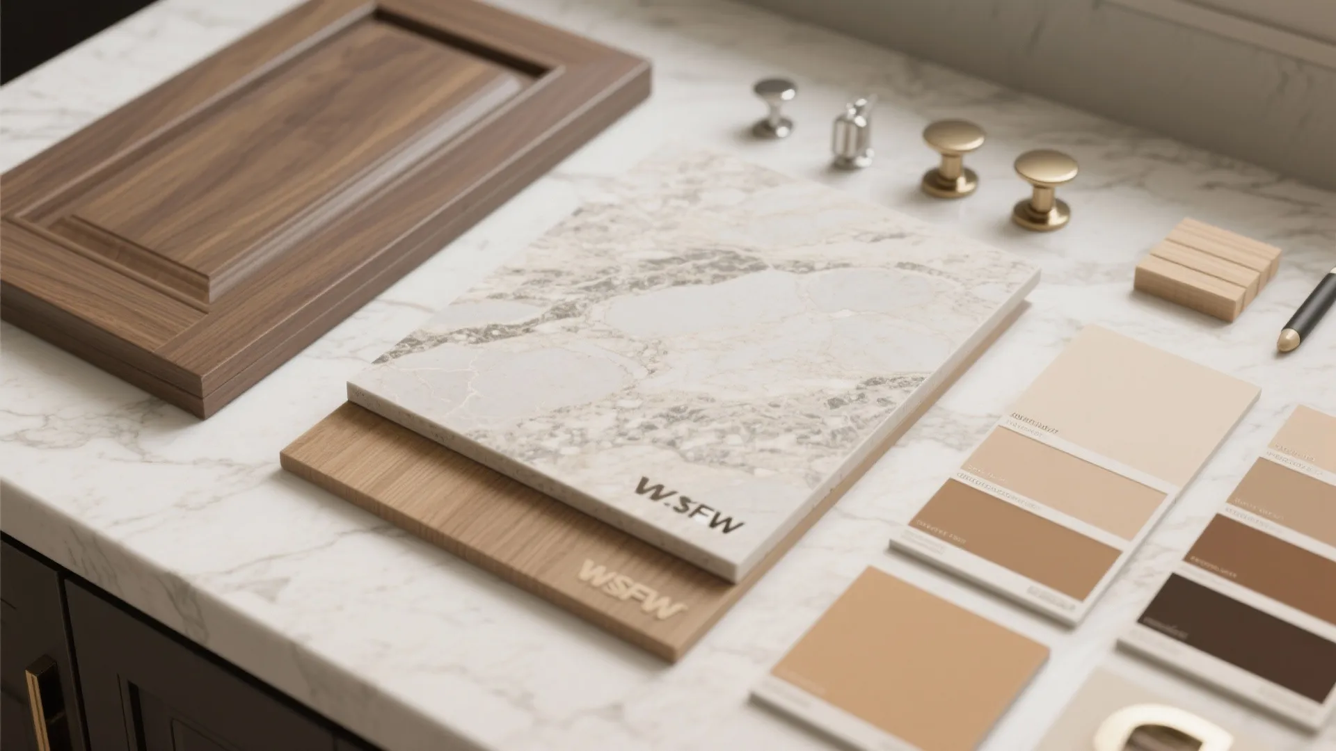 Material flatlay with laminate countertop, engineered hardwood, cabinet samples and paint swatches