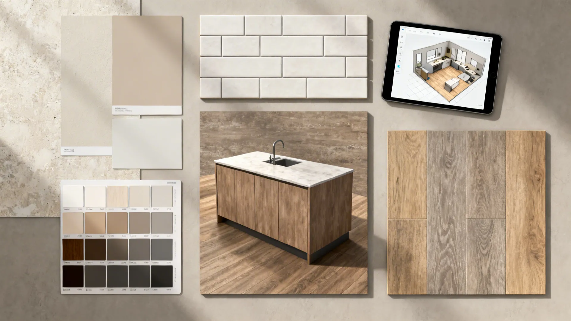 Flatlay of budget-friendly material samples and a tablet showing a 3D floor planner.