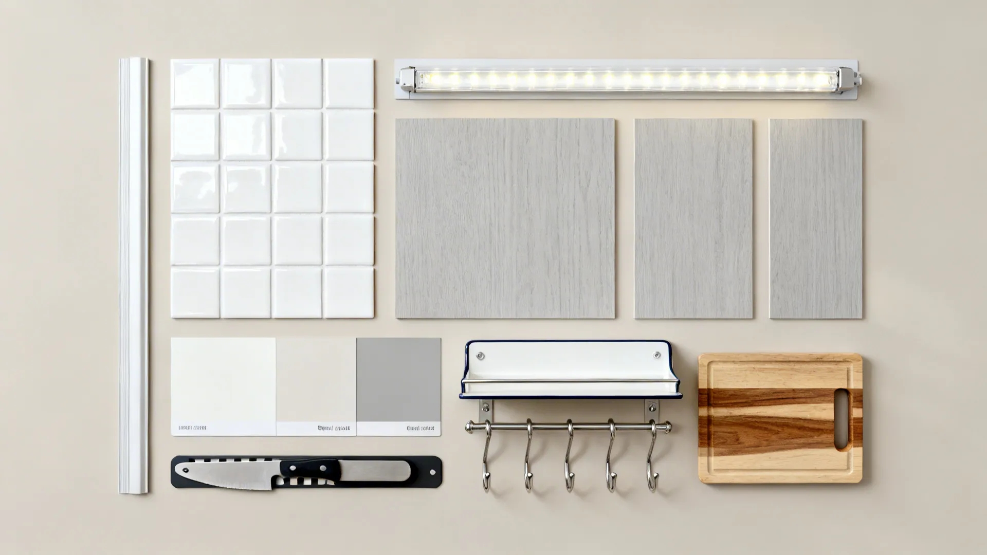 Flatlay of glossy tile, light laminate, LED strip, paint swatch, enamel shelf, hooks, magnetic strip, and butcher block.