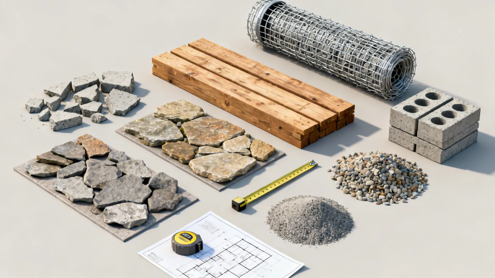 Flatlay of reclaimed materials, timber samples, gabion wire, drain pipe and a 3D plan printout for slope planning