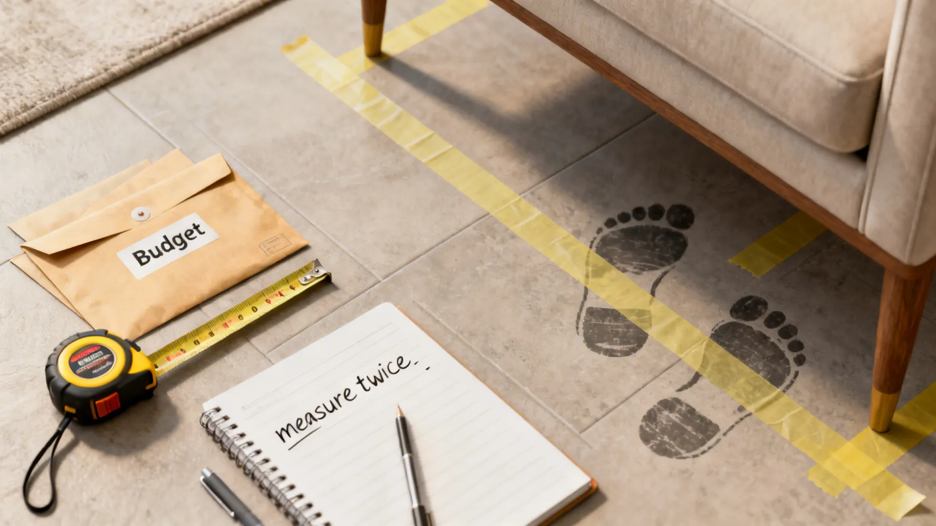Tape measure beside budget envelope and notebook with measure twice text on a tiled floor