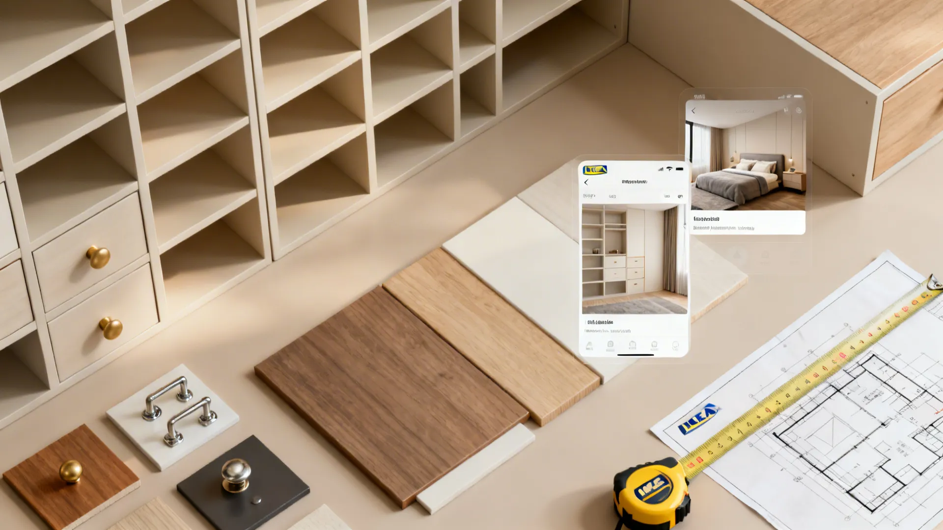 Flatlay of modular storage components and room-planning tools for budget-friendly bedroom solutions.