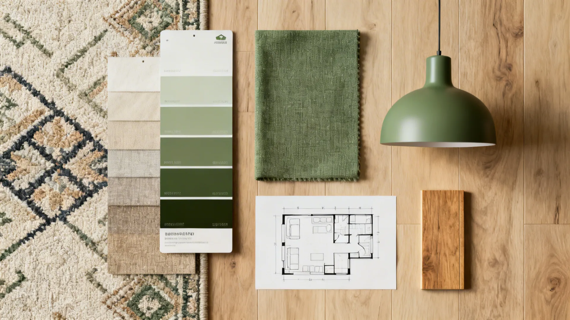 Interior design moodboard with green fabric, light, wood sample, color palette, floor plan, and rug