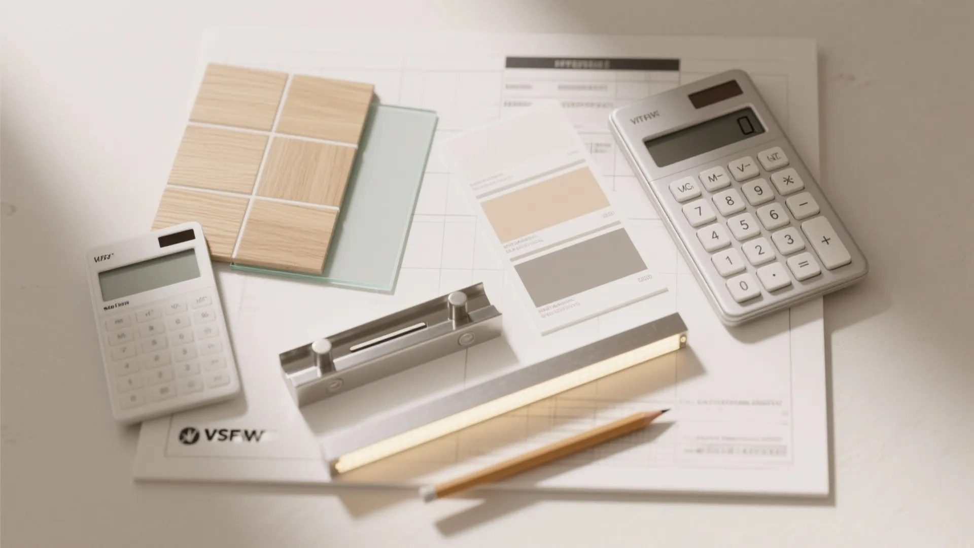 Interior design moodboard with wood samples color swatches calculators and a pencil on a desk