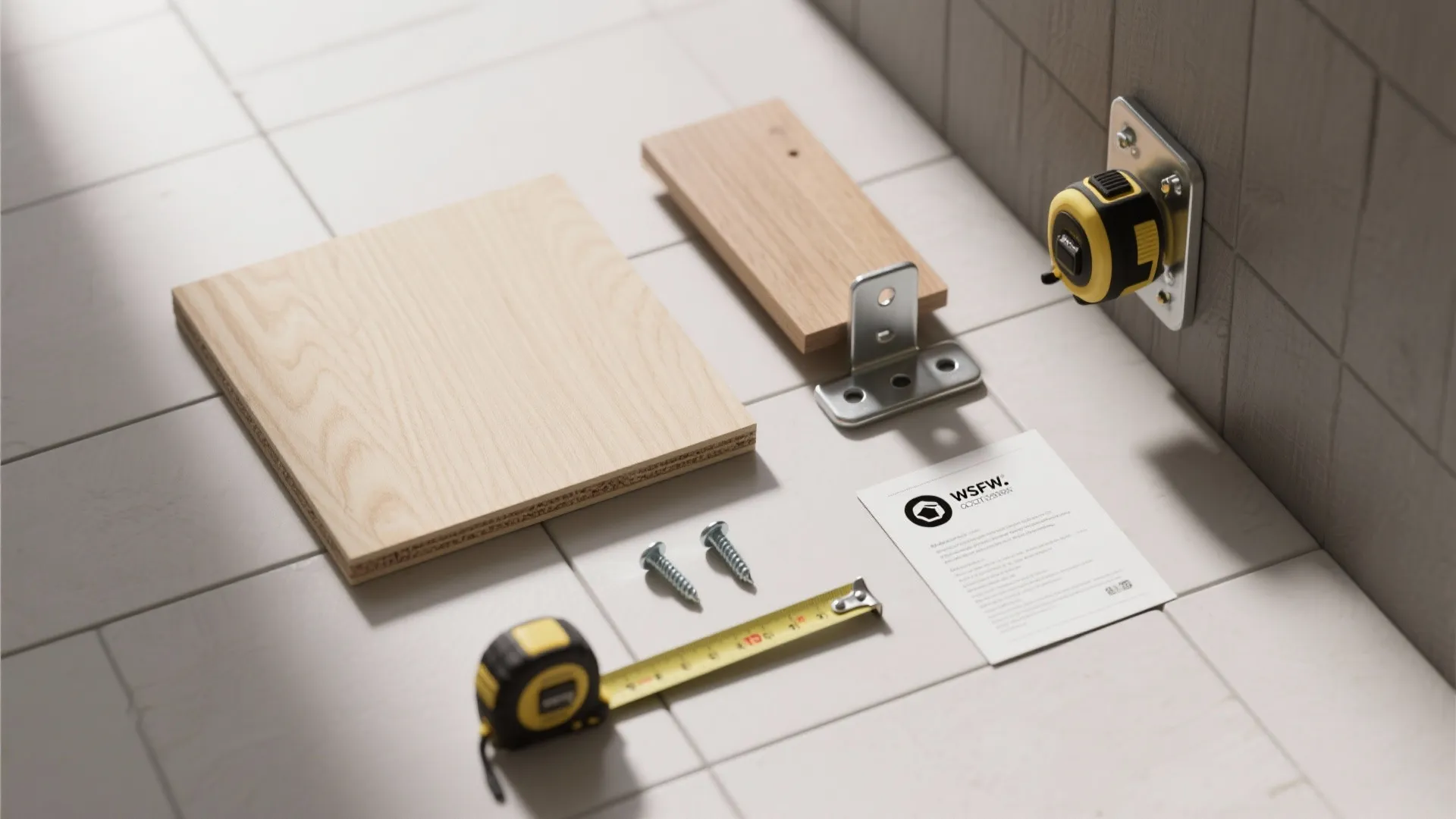 Measuring tape wood panels and metal brackets placed on white floor tiles for home project