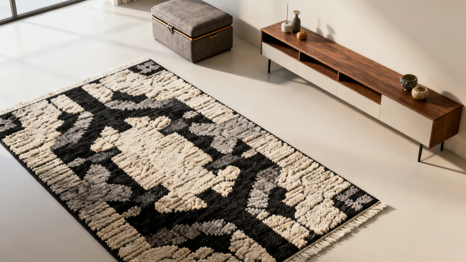 Multifunctional furniture and a textured rug sample for a small-space budget-friendly redesign