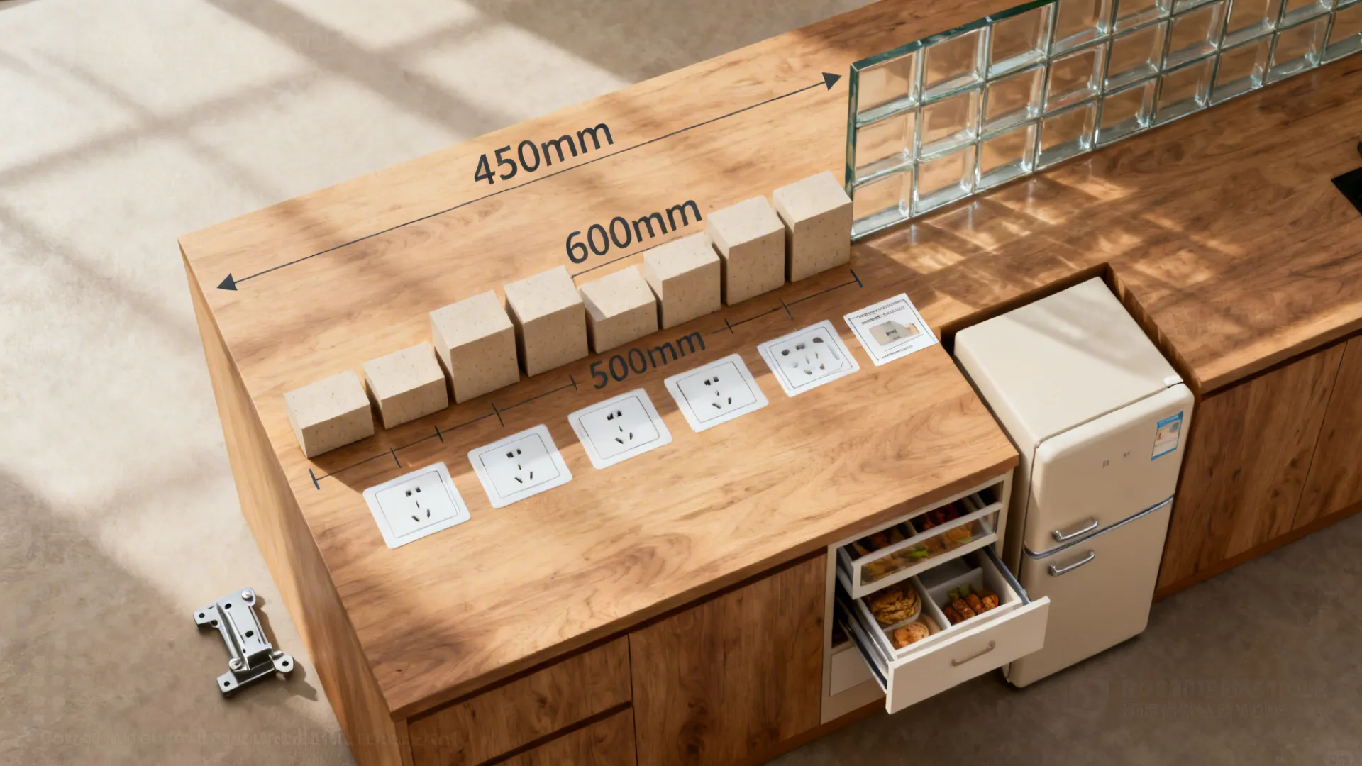 Top-down planning board with standard module blocks, socket templates, and a pull-out pantry mock-up.