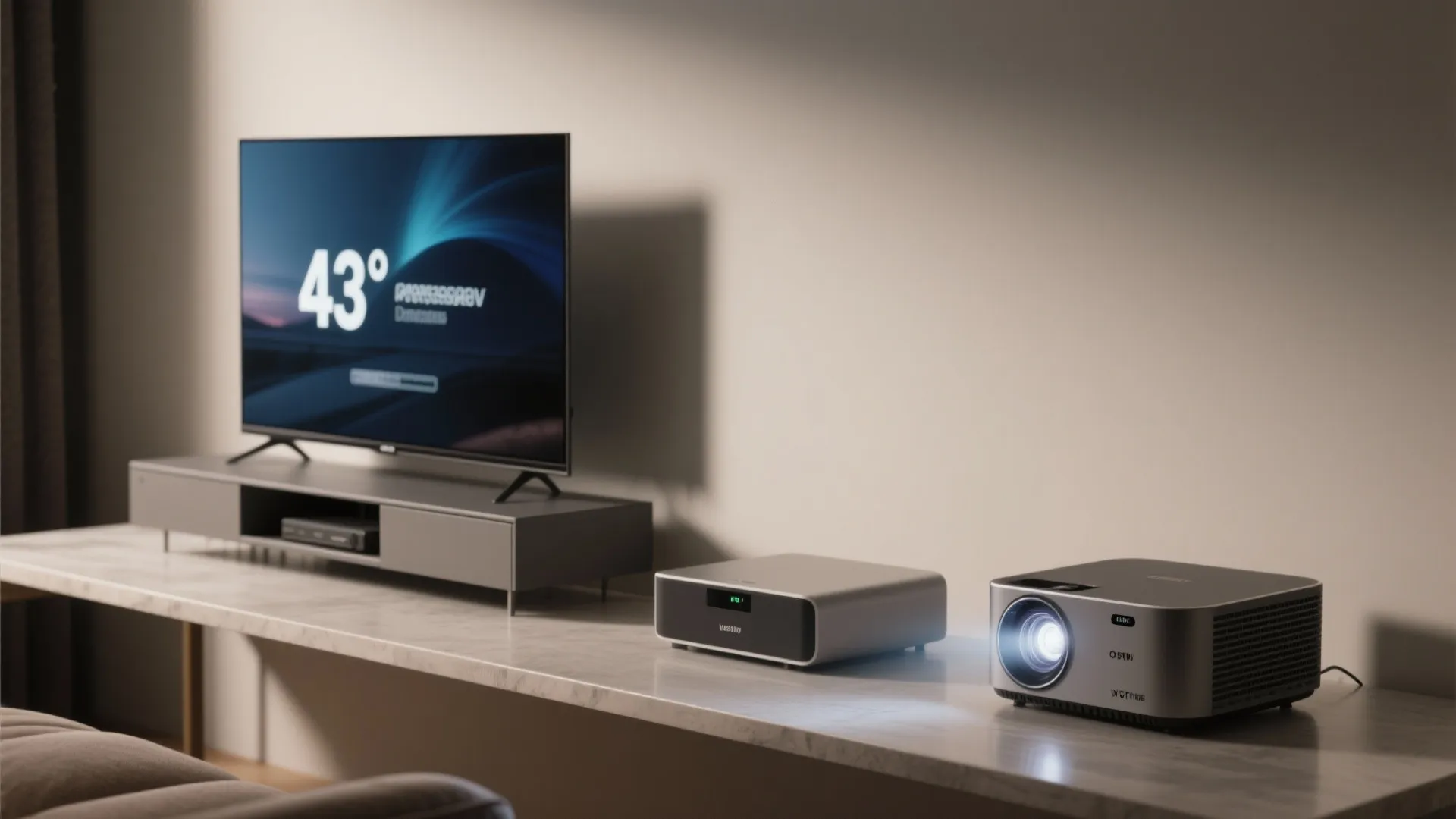 Television on grey stand next to two different home projector models on white marble table