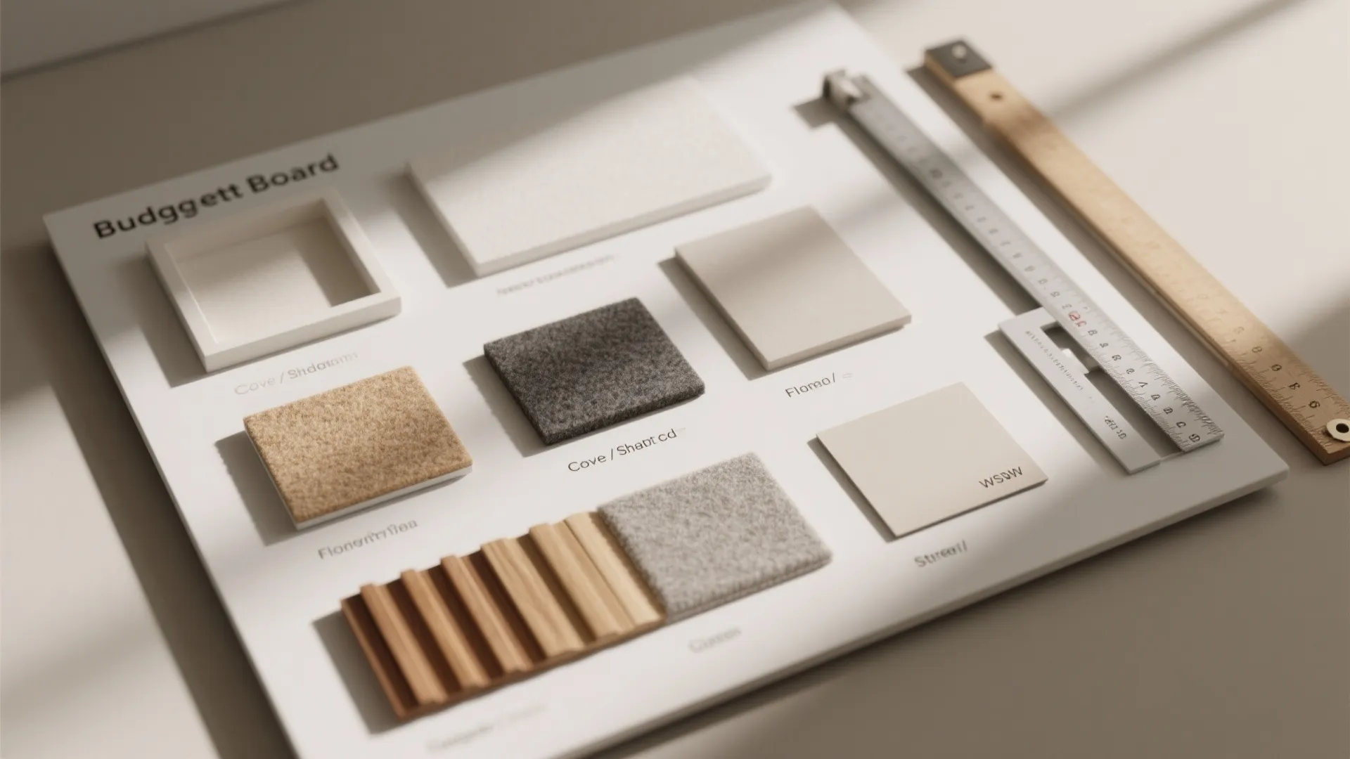 Interior design material board with carpet samples wood panels and rulers on a white background desk