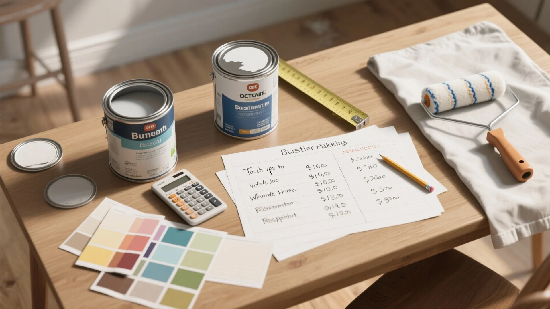 Wooden table with paint cans, color palette, calculator, budget list, pencil, measuring tape, and roller