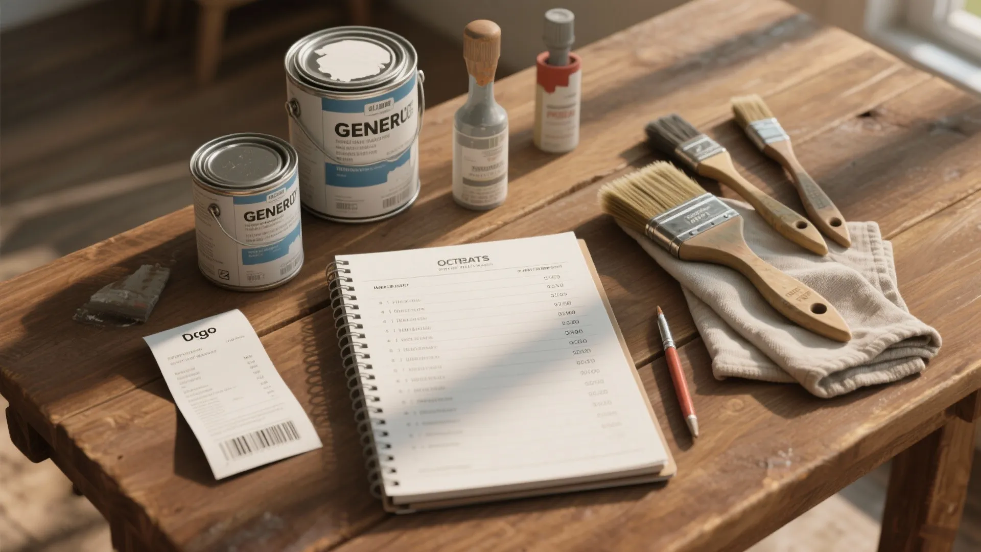 Paint cans brushes and a notebook on a wooden table for planning a home renovation