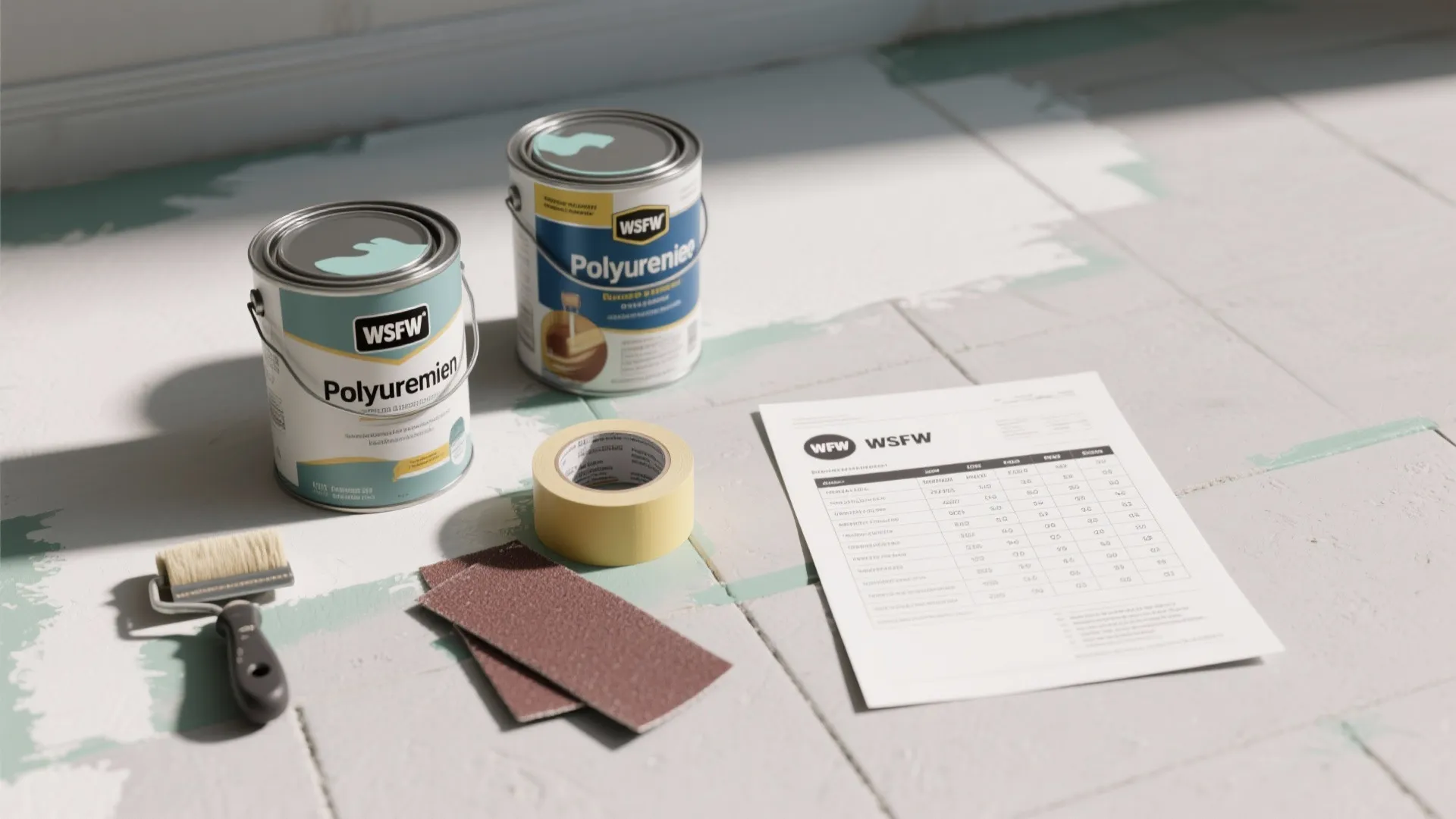 Flatlay of paint cans, sealers and tools for budgeting a painted floor project