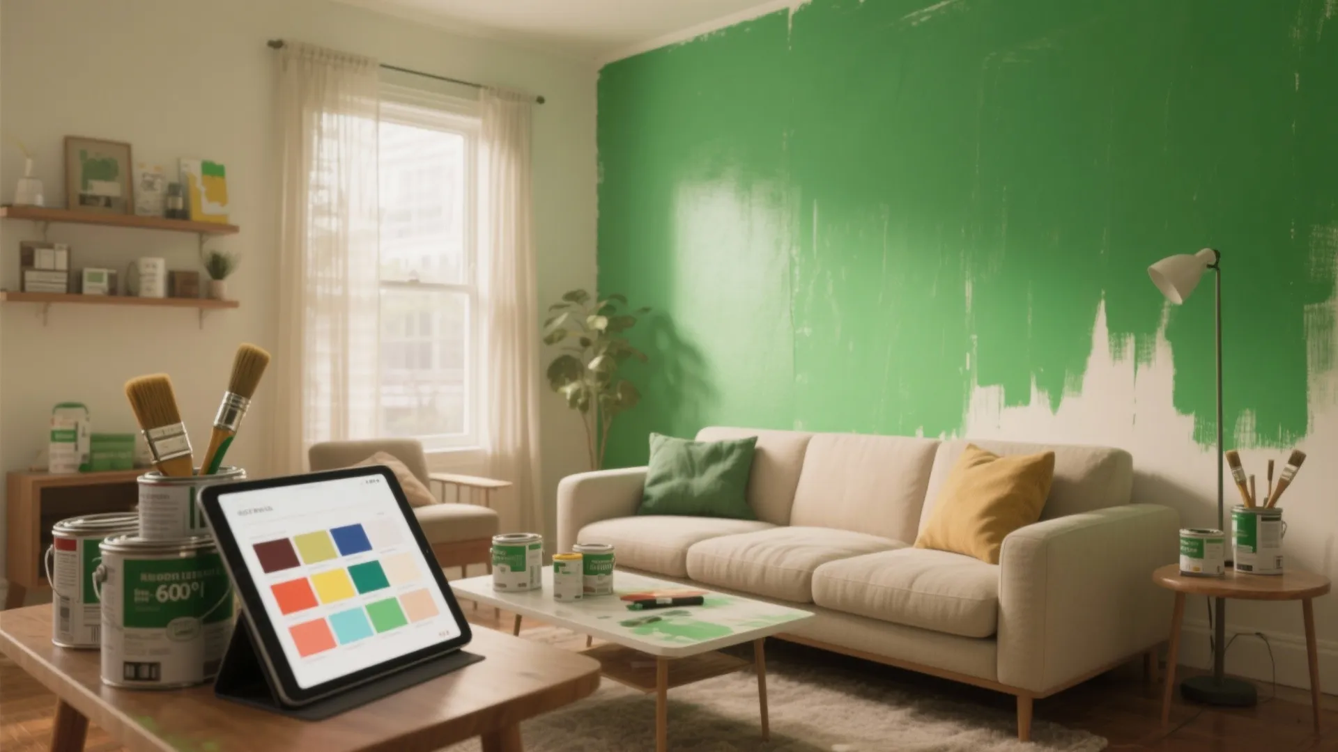 Living room being painted green with a sofa and tablet showing a color palette selection